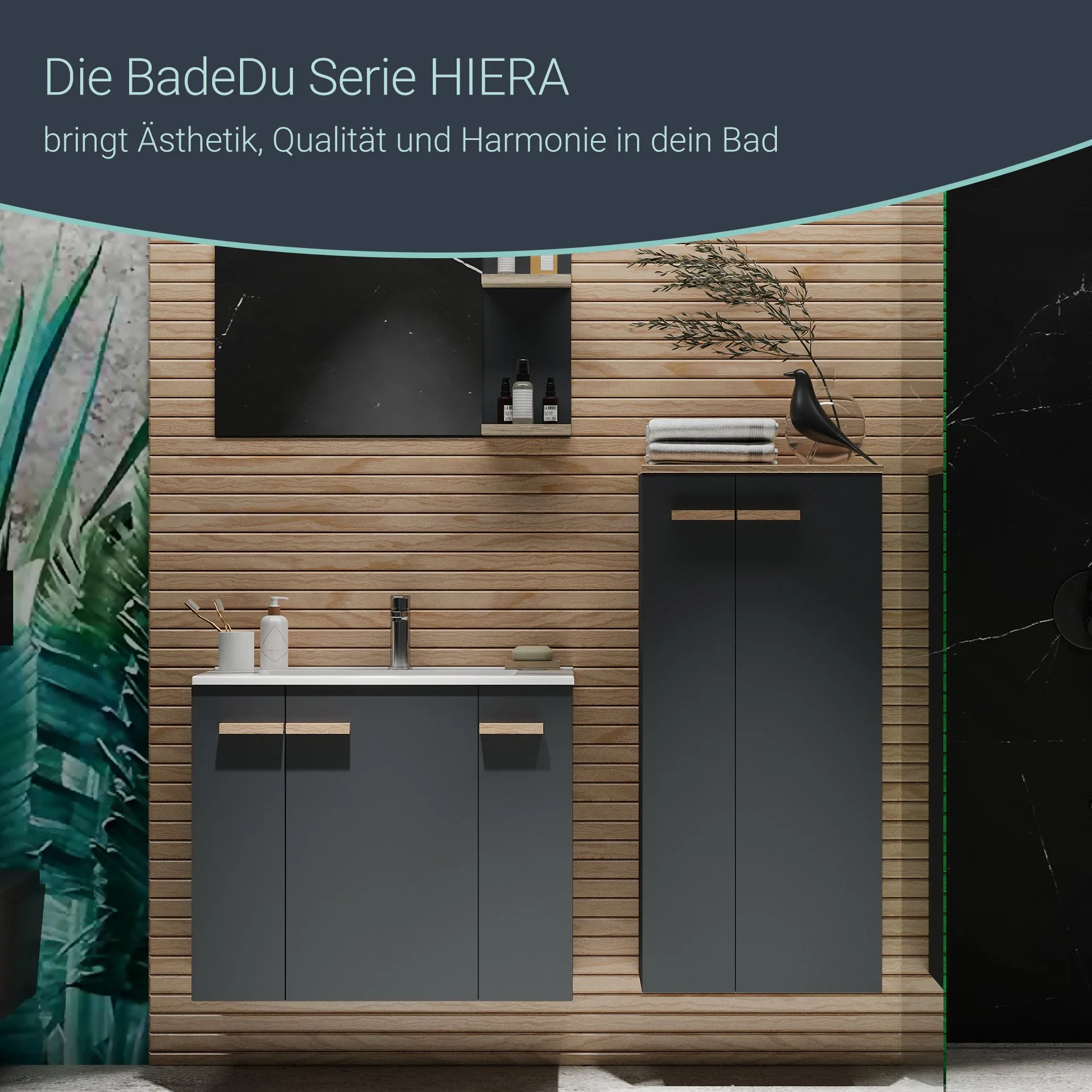 BADEDU HIERA Waschbecken mit Unterschrank 80 cm breit, Anthrazit, Waschbecken Keramik Weiß