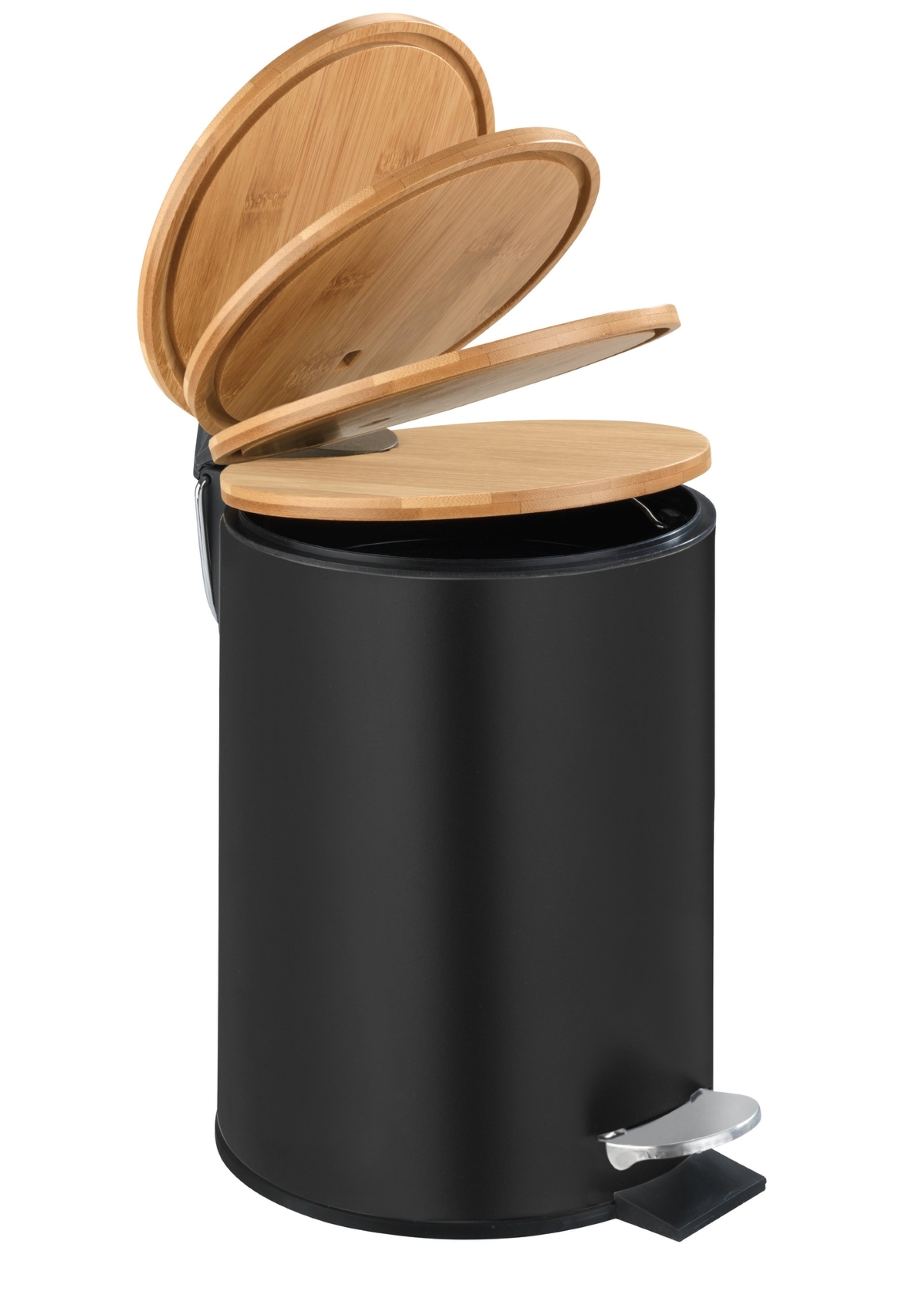 WENKO TORTONA Kosmetikeimer 3 Liter, Schwarz/Braun, mit Bambusdeckel, mit Absenkautomatik
