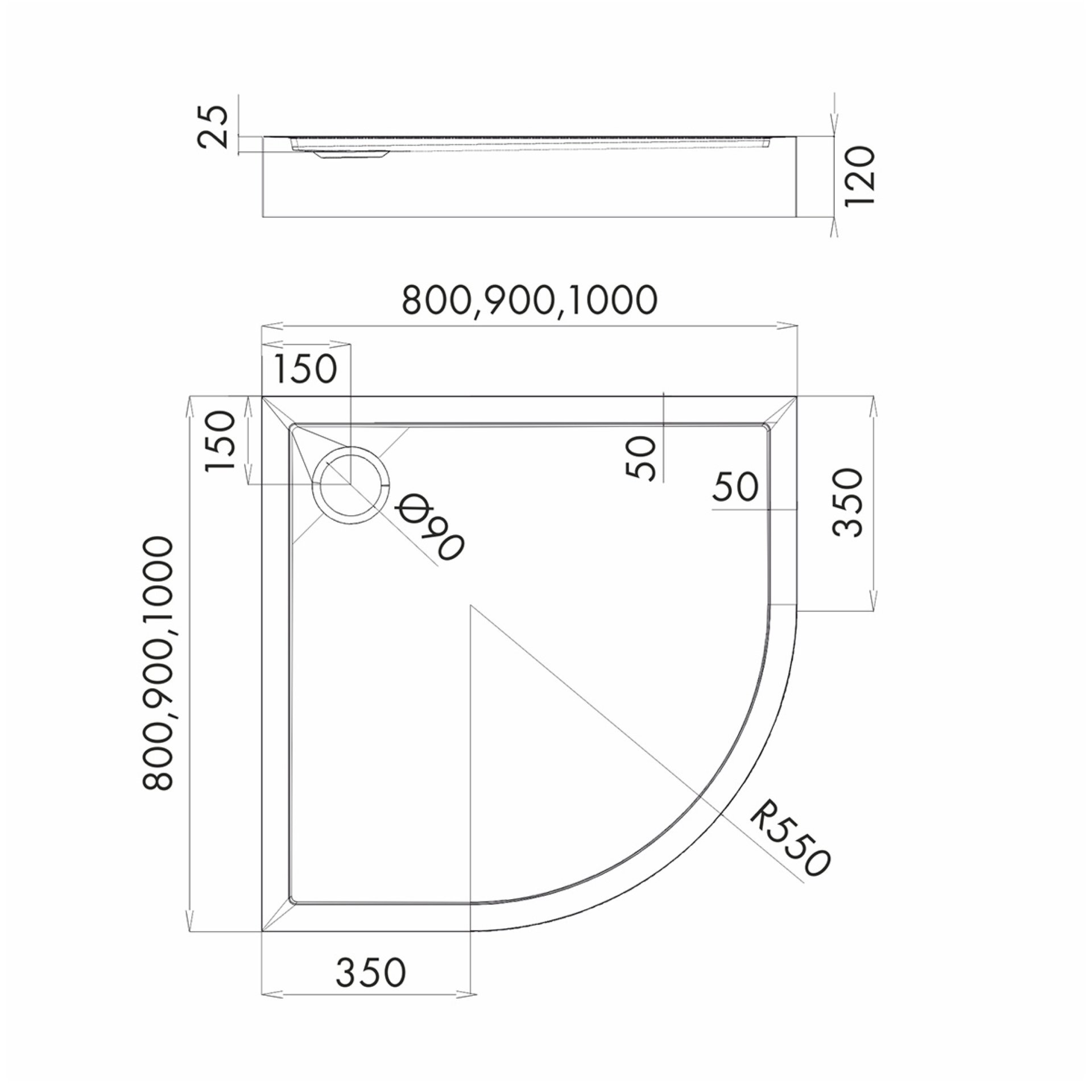 Aedler, Duschwanne Stabildense Alhena 90x90x12R55