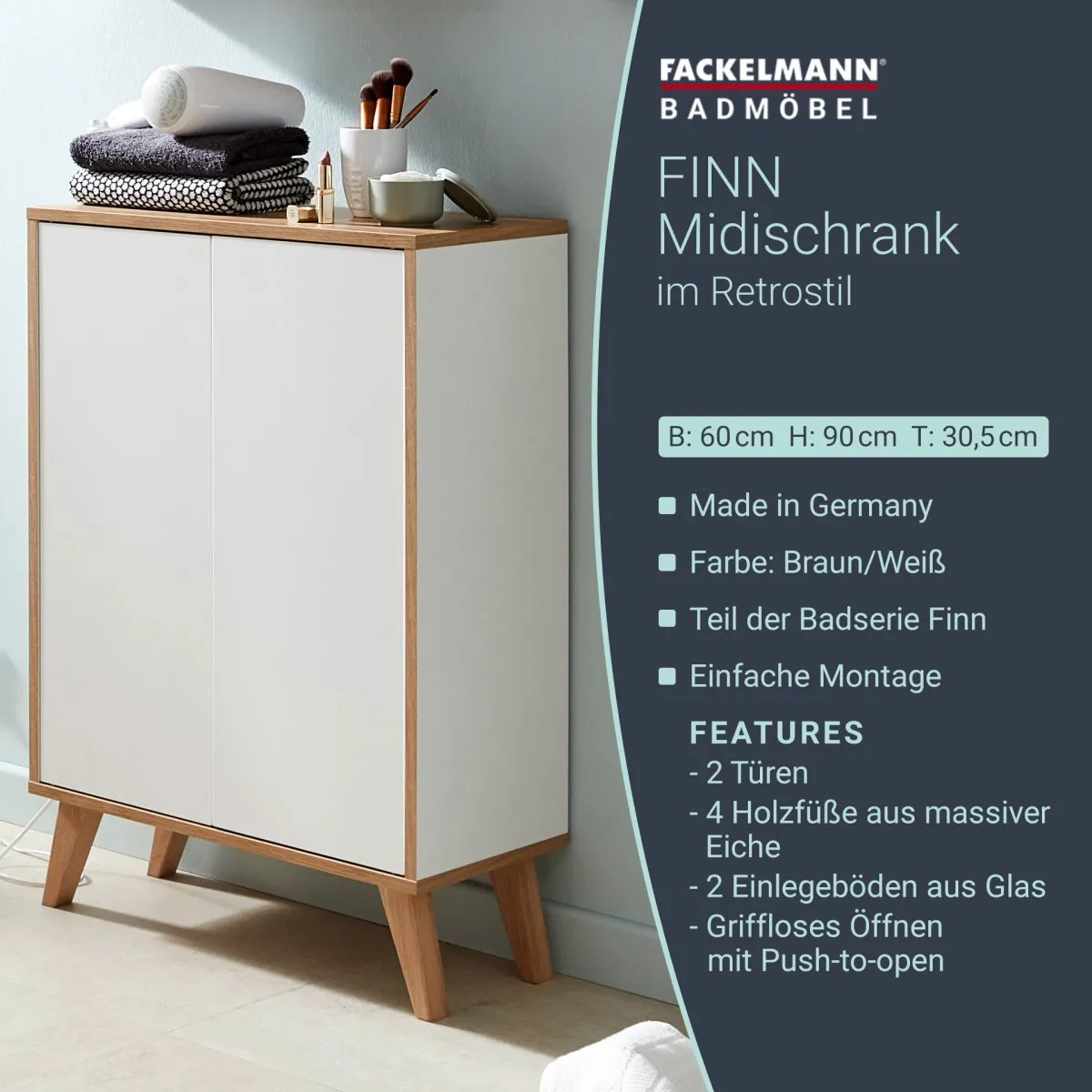 FACKELMANN FINN Doppel Midischrank 60 cm breit, Weiß/Braun hell + Holzfüße