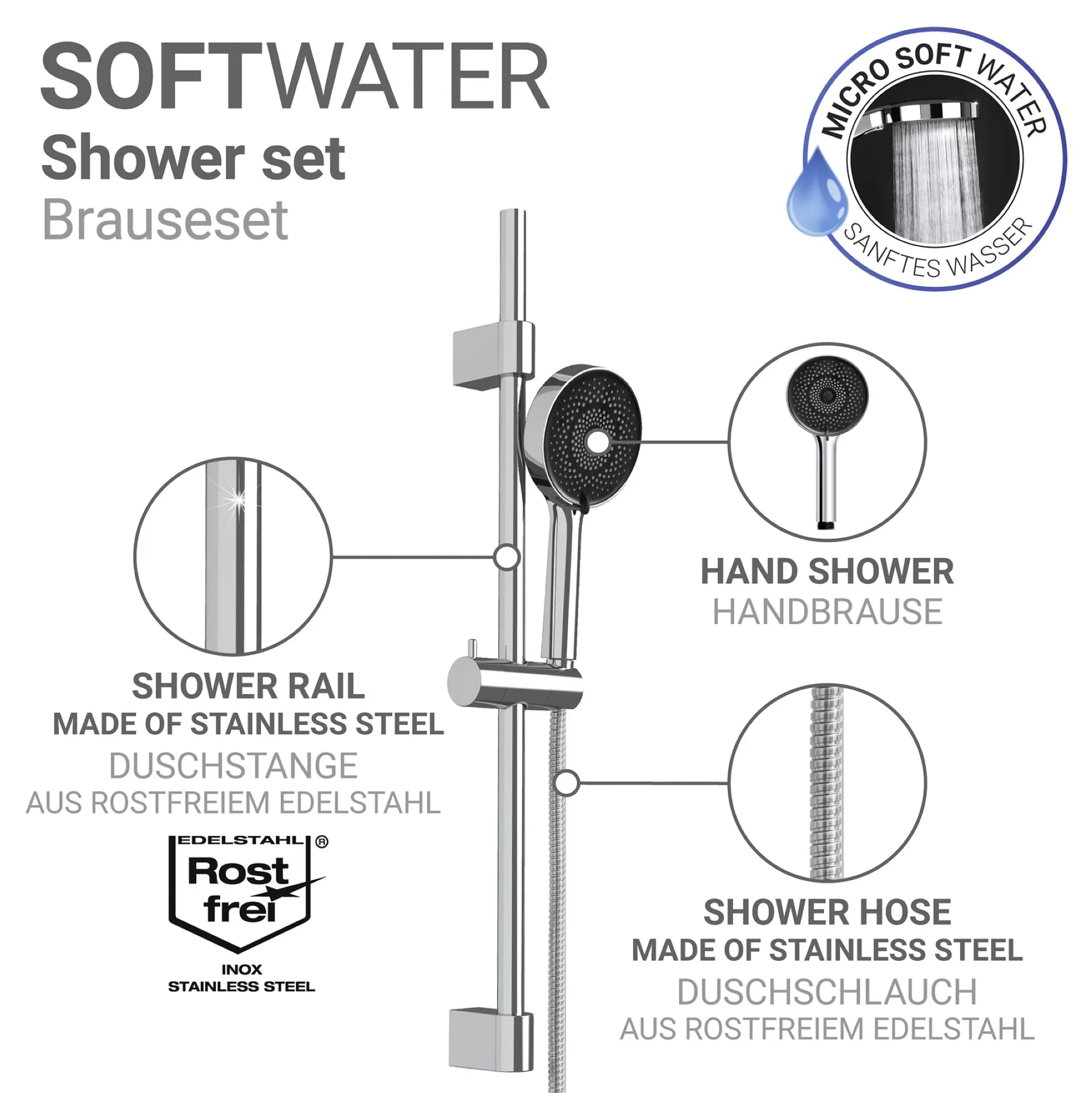 WENKO SOFTWATER Stangenbrause Set 70 cm, Chrom, Edelstahl, 3 verschiedene Wasserstrahlarten
