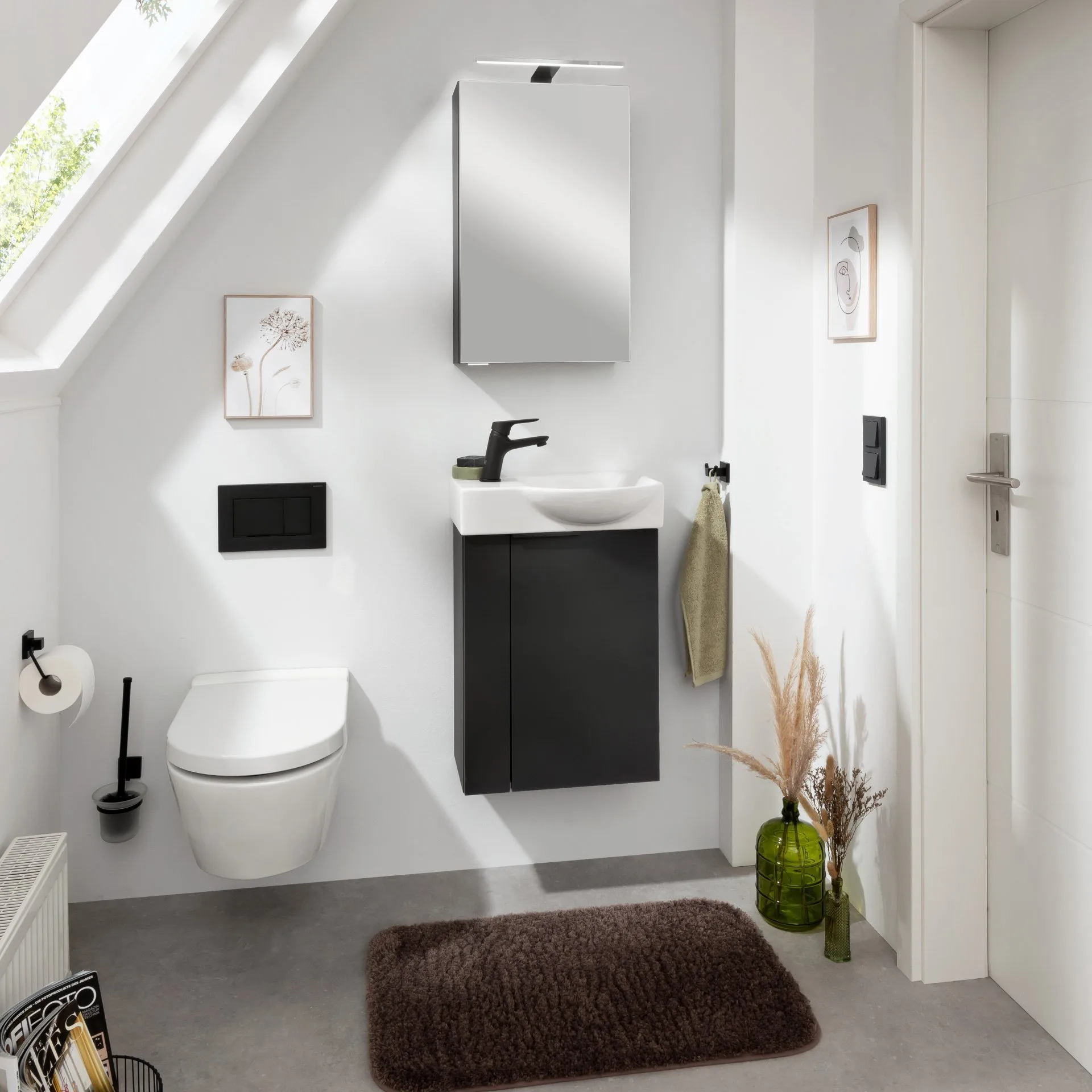 FACKELMANN SBC B.PARIS Gäste WC Waschtisch Set 45 cm breit, Schwarz matt, Waschbecken Keramik Weiß, Hahnloch links, Türanschlag rechts