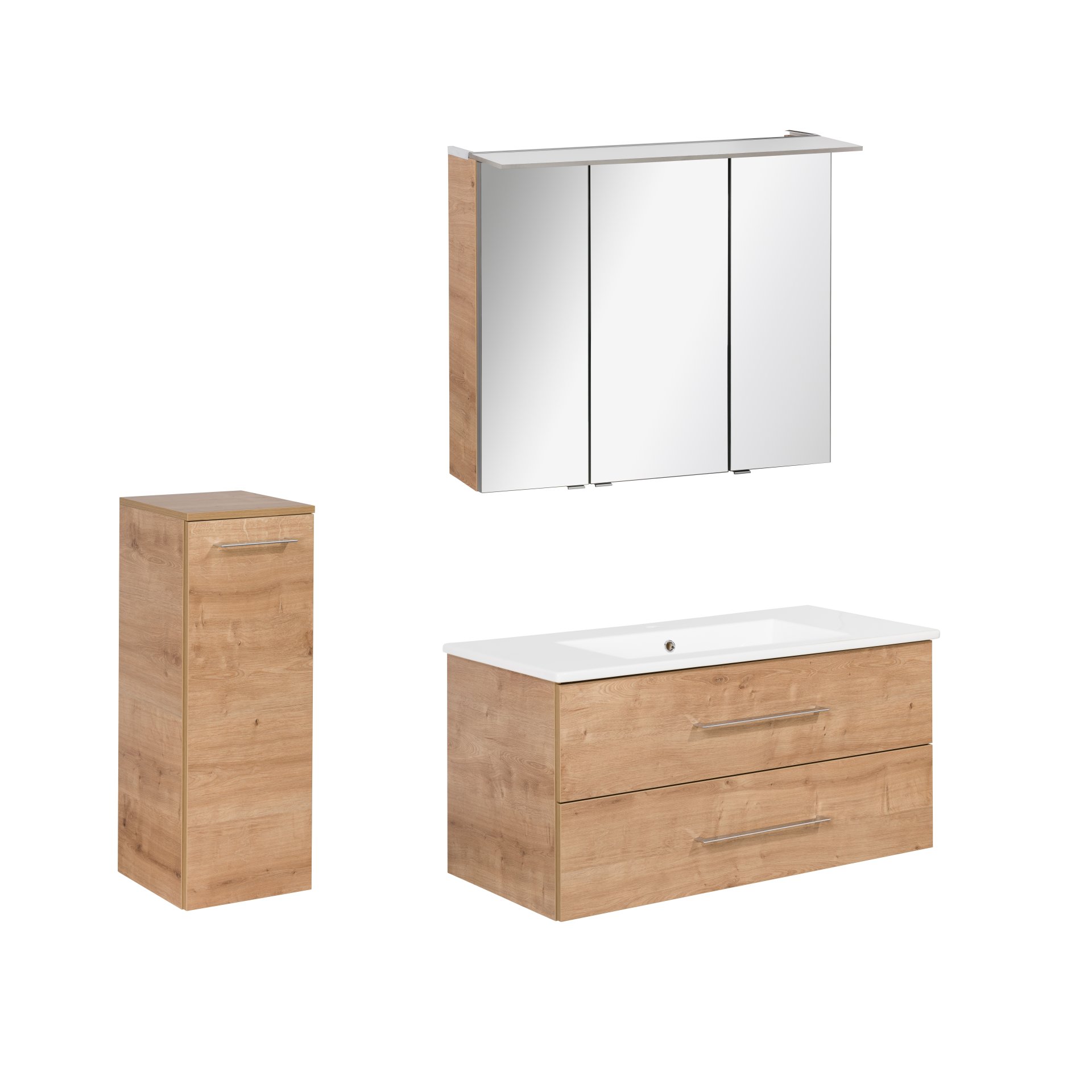 FACKELMANN B.PERFEKT Badmöbel Set 4-teilig 103 cm breit, Braun hell, Waschbecken Keramik Weiß + LED Spiegelschrank + Midischrank