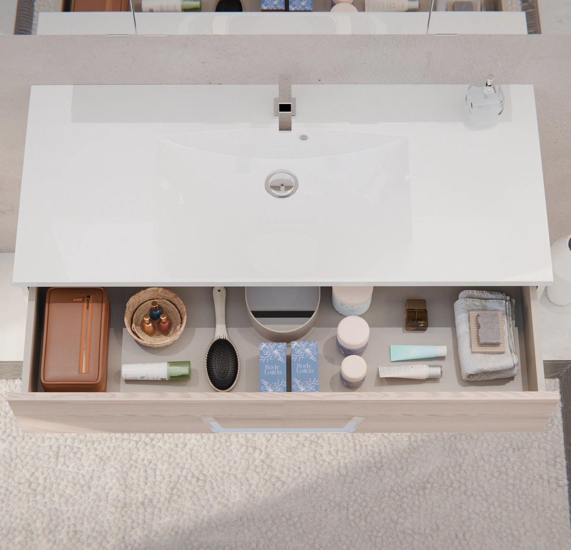 FACKELMANN B.CLEVER Waschtisch Set mit Spiegelschrank 120 cm breit, Braun hell, Waschbecken Gussmarmor Weiß