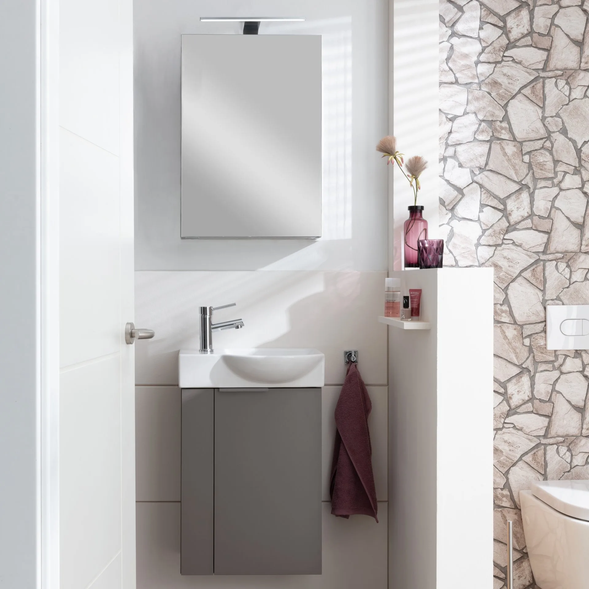 FACKELMANN SBC B.PARIS Gäste WC Waschtisch Set 45 cm breit, Grau, Waschbecken Keramik Weiß, Hahnloch links, Türanschlag rechts