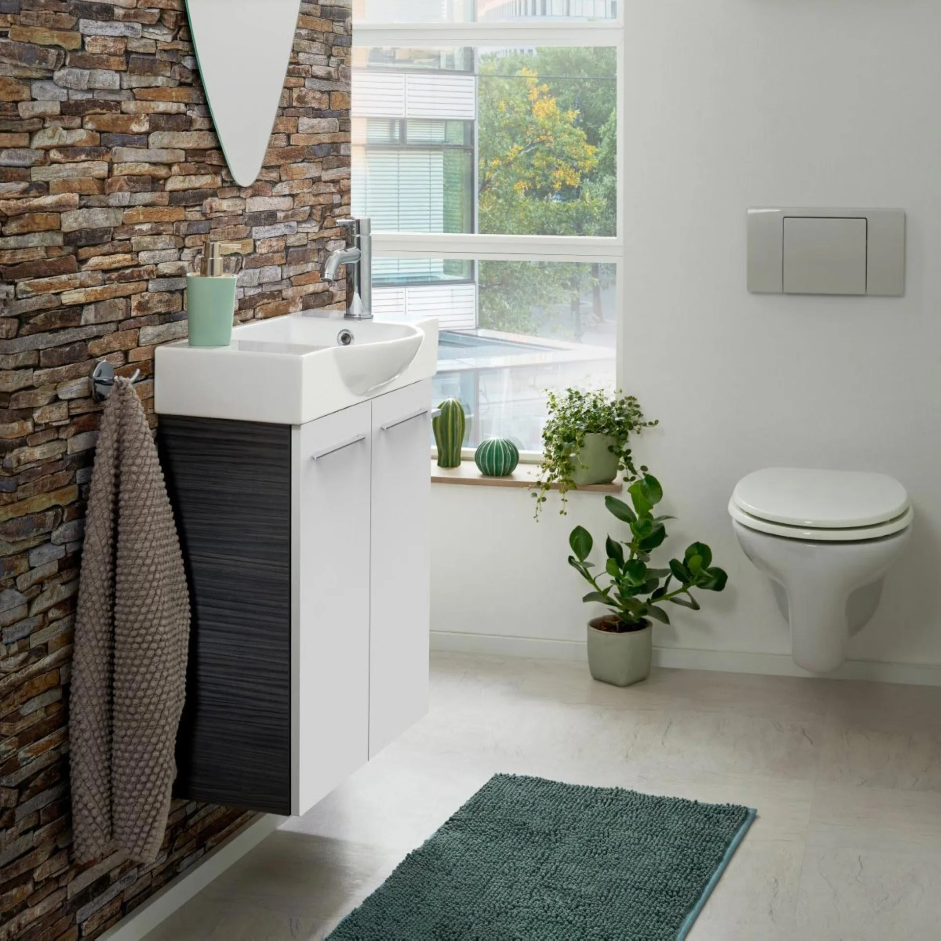 FACKELMANN SBC B.PERFEKT Waschbeckenunterschrank Gäste WC 55 cm breit, Weiß/Anthrazit Holzoptik, 2 Türen