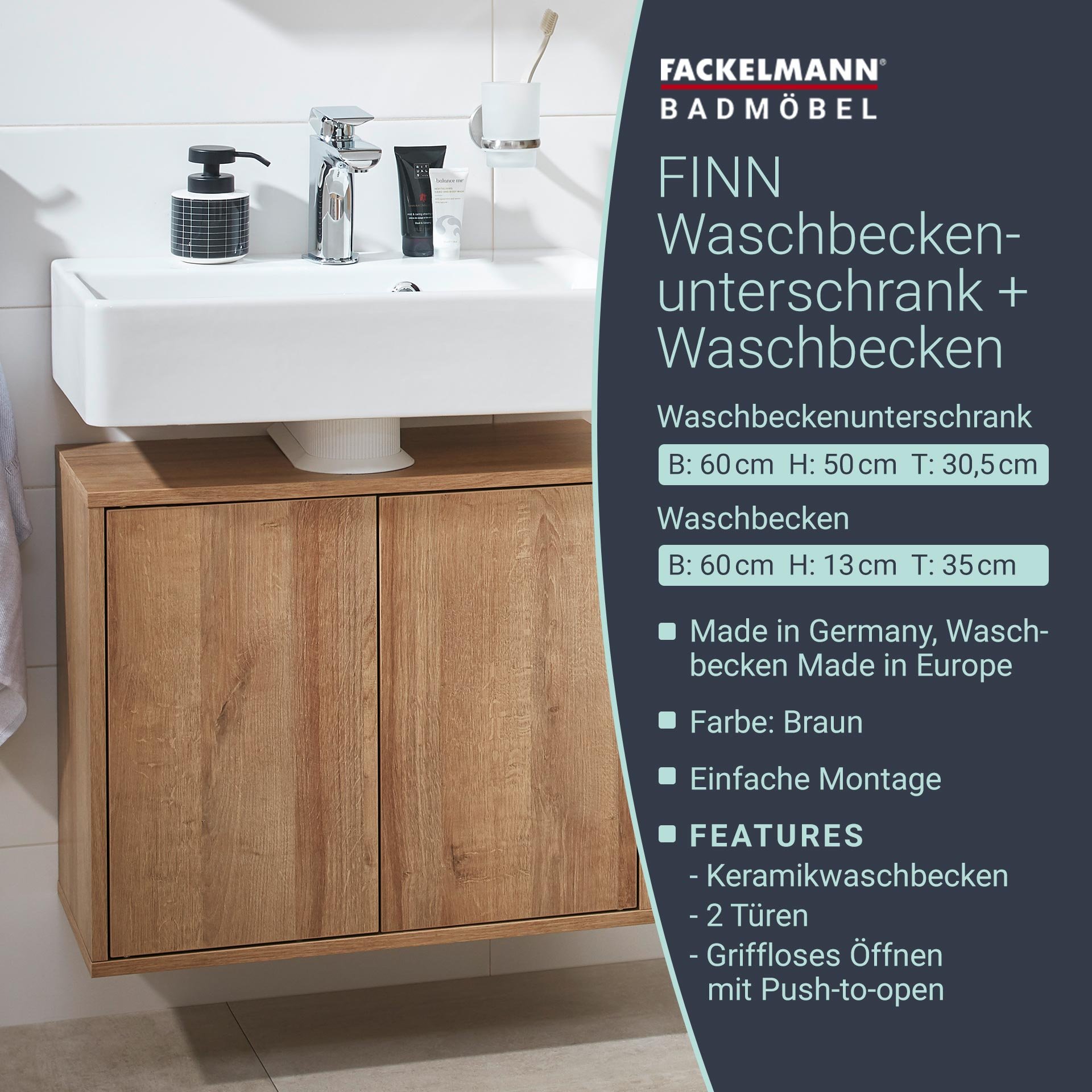 FACKELMANN FINN Waschbecken mit Unterschrank 60 cm breit, Braun hell, Waschbecken Keramik Weiß