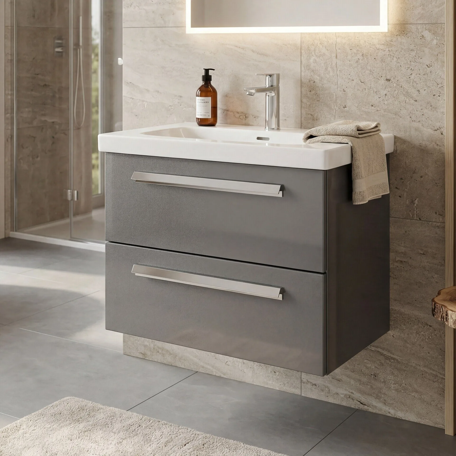 LANZET K1 Waschbecken mit Unterschrank 61 cm breit, Anthrazit, Waschbecken Keramik Weiß