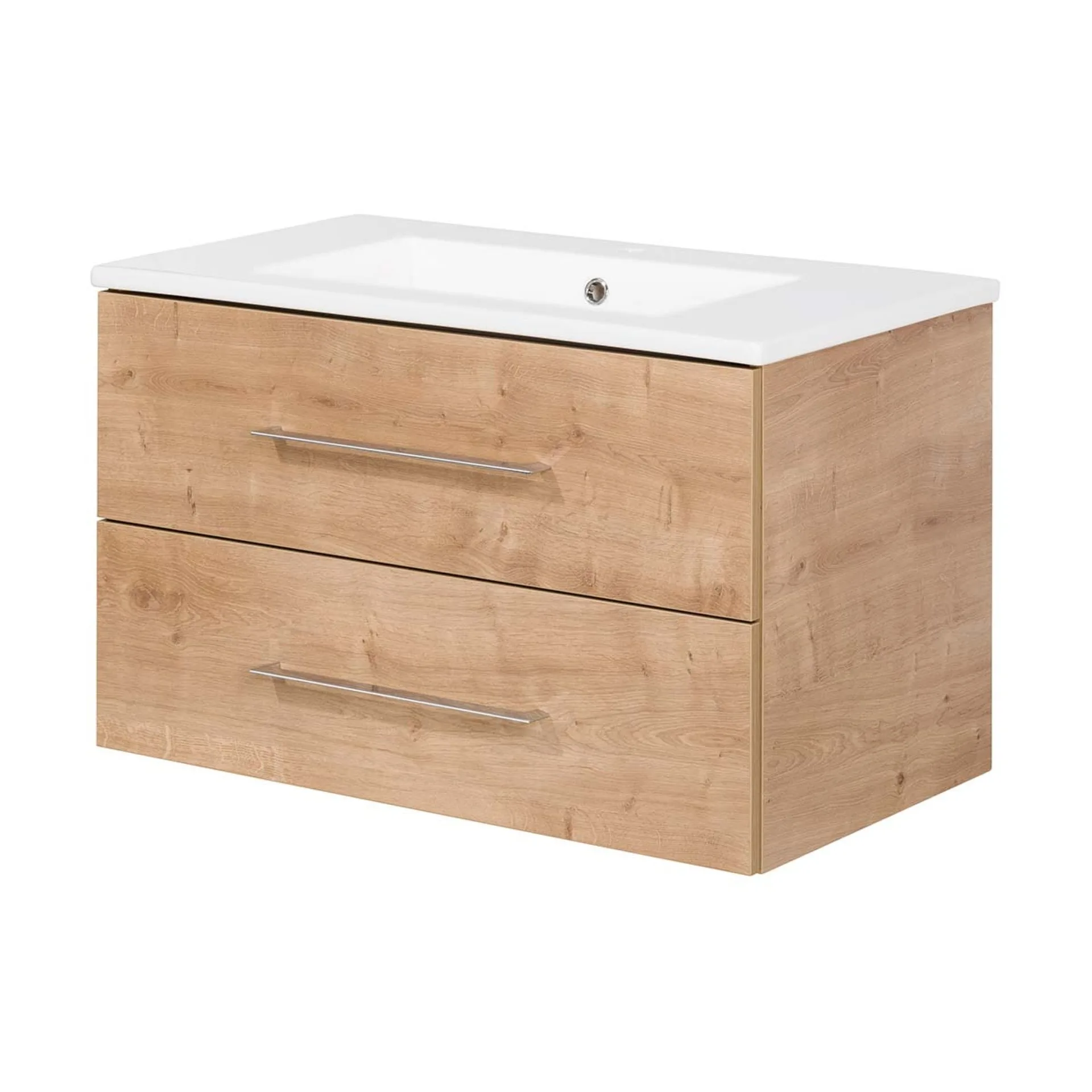 FACKELMANN B.PERFEKT Waschbecken mit Unterschrank 82 cm breit, Braun hell, Waschbecken Keramik Weiß