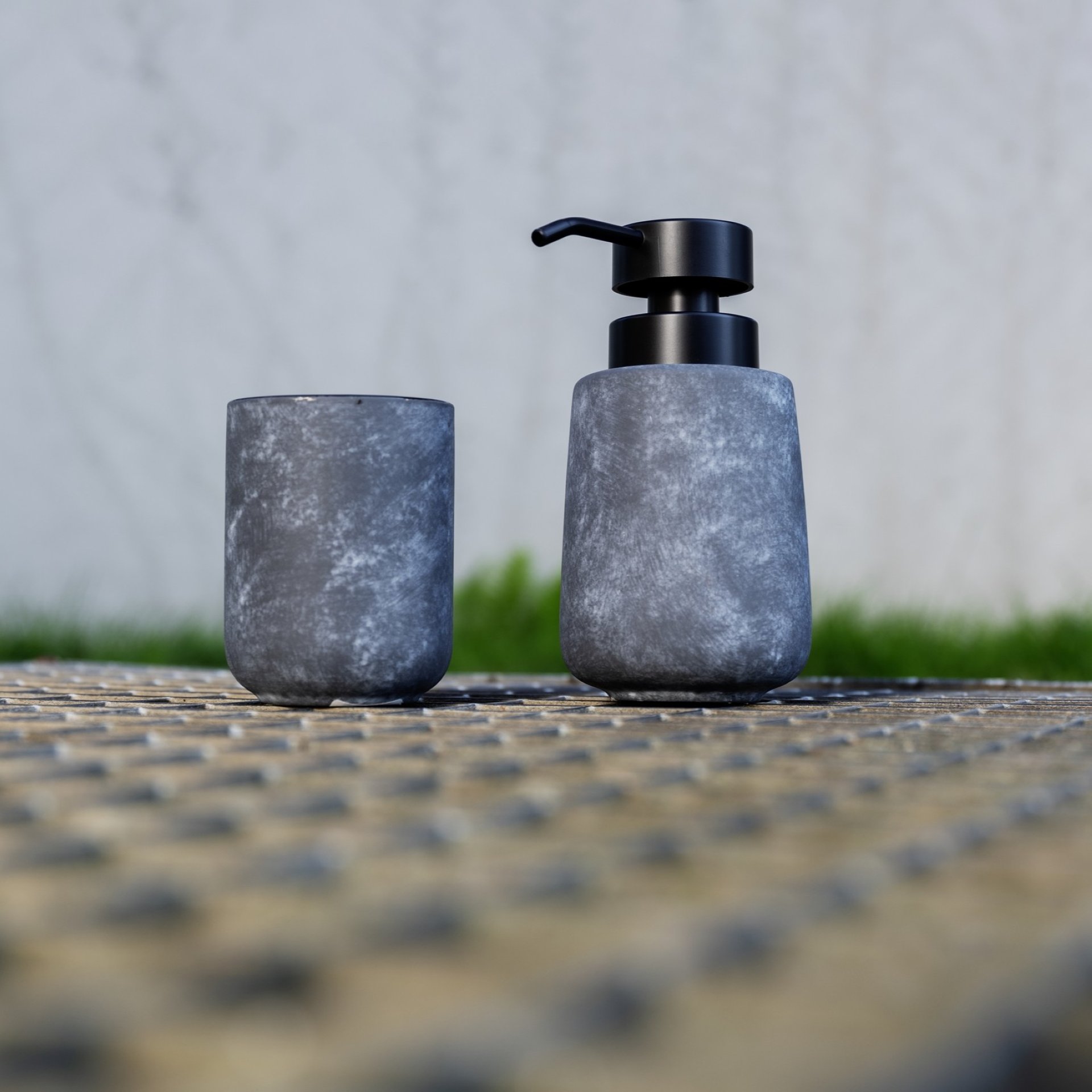 WENKO SACILE Accessoire Set, Grau, Zahnputzbecher, Seifenspender, Keramik