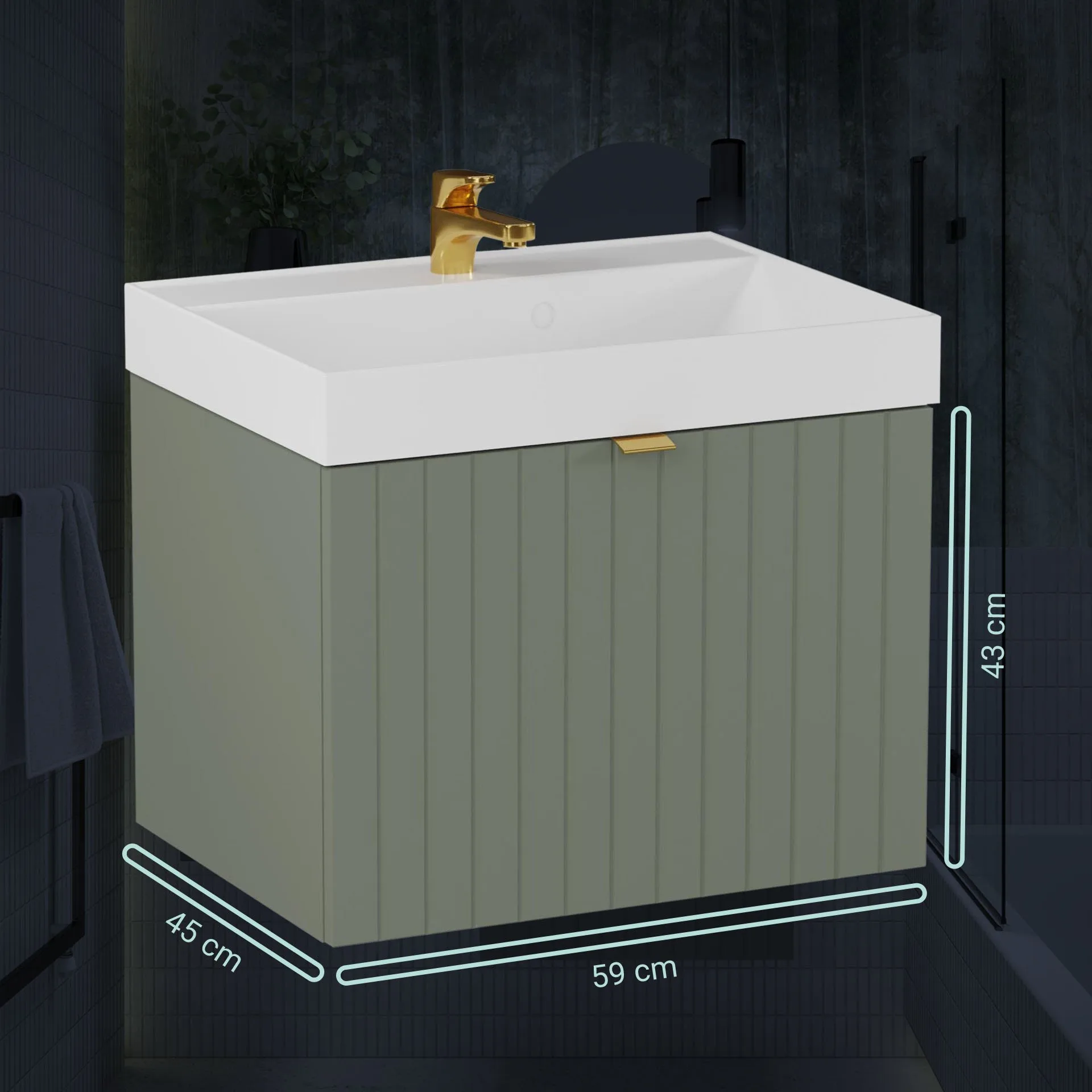BADEDU ESLA Waschbecken mit Unterschrank 59 cm breit, Grün, Waschbecken Gussmarmor Weiß