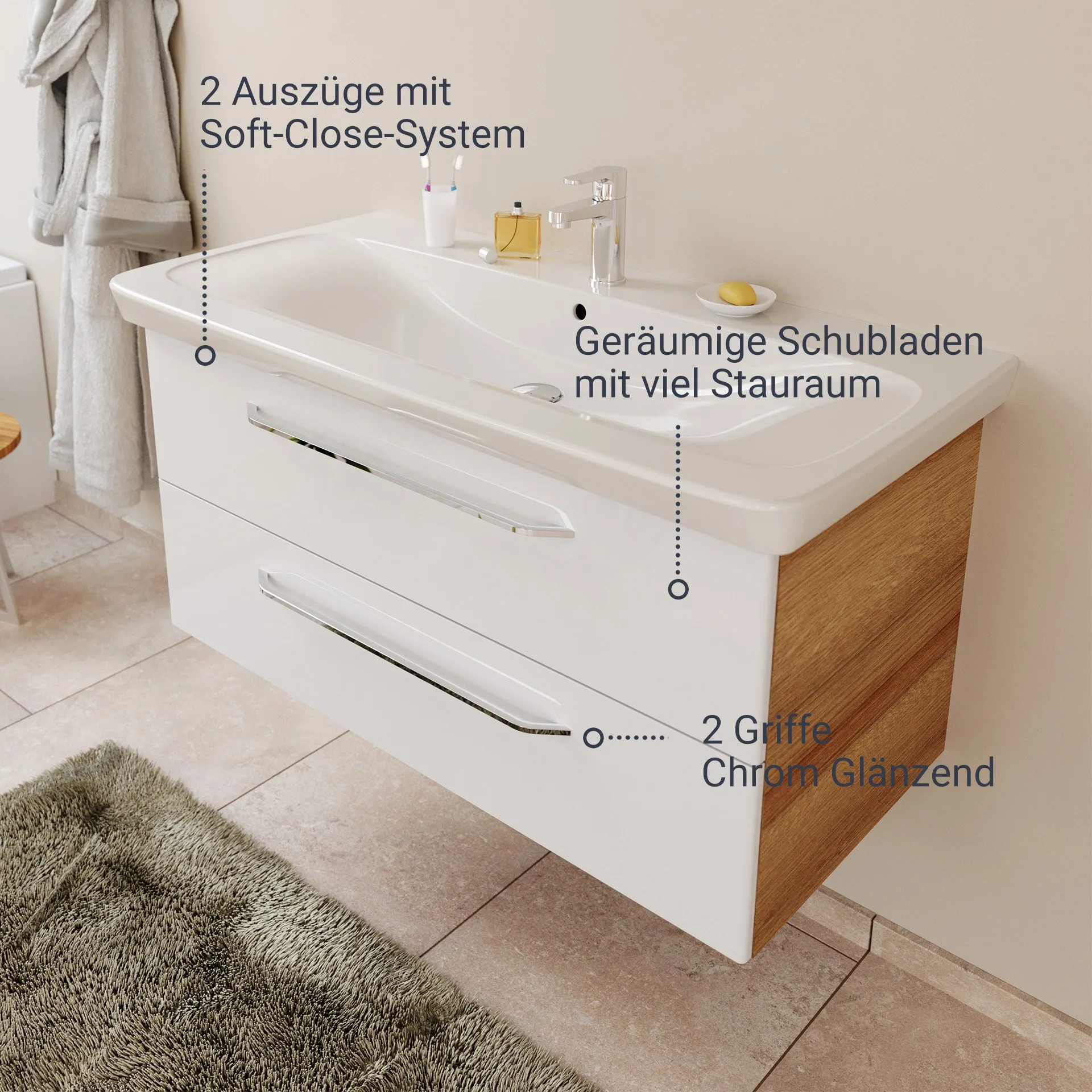 FACKELMANN MILANO Waschbecken mit Unterschrank 107 cm breit, Weiß/Braun hell, Waschbecken Keramik Weiß