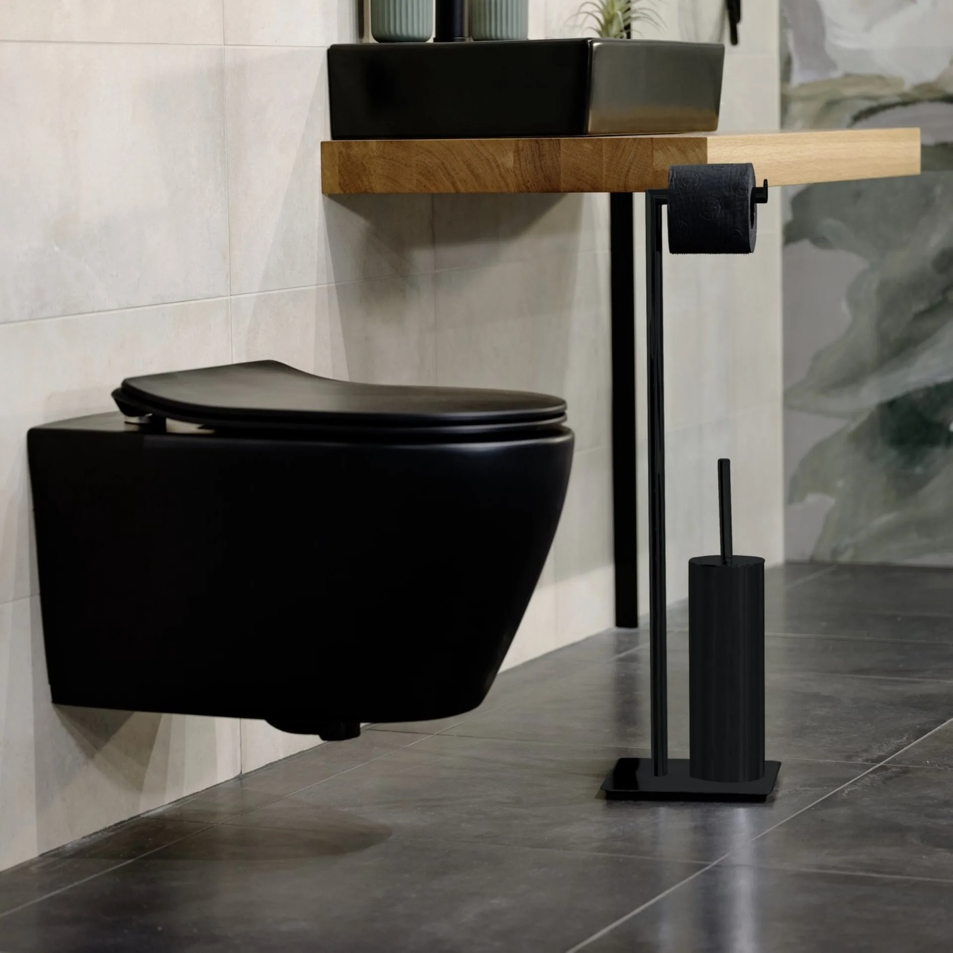 WENKO RECCO WC-Garnitur, Schwarz, Edelstahl, mit Toilettenpapierhalter, stehend