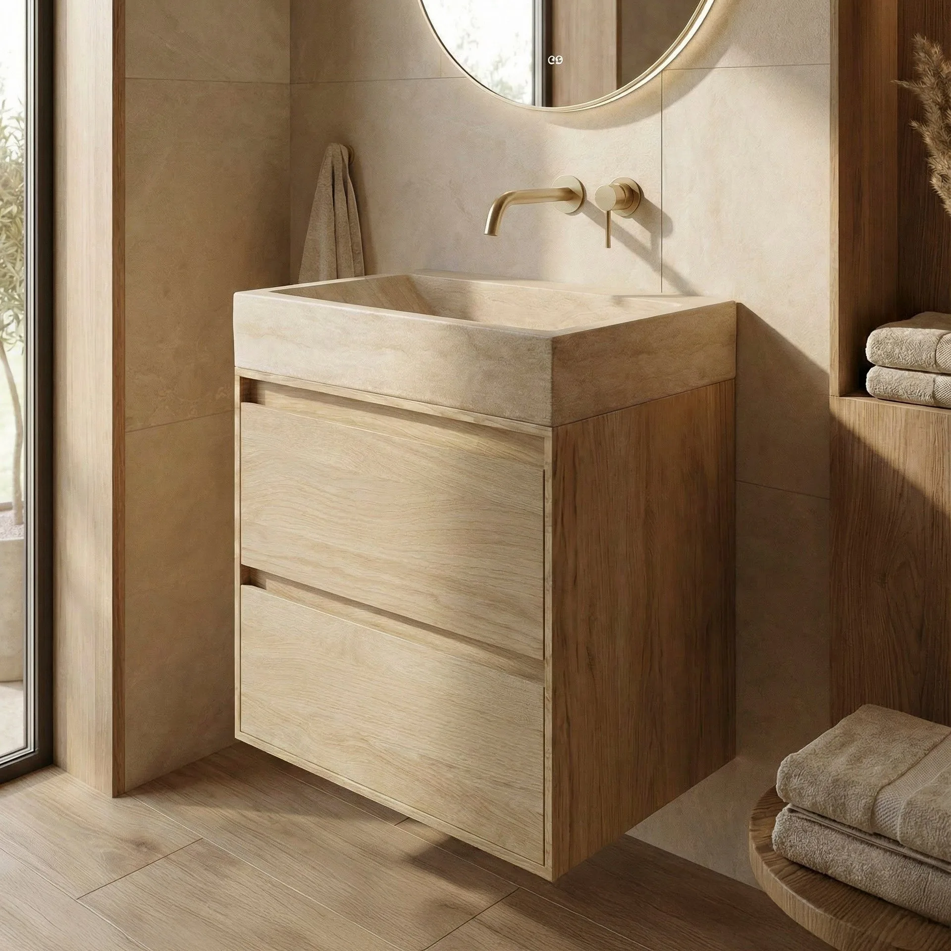 FORZALAQUA IBIZA BELLEZZA Waschbecken mit Unterschrank 80 cm breit, Braun hell, Natursteinwaschbecken Travertin matt ohne Hahnloch, 2 Schubladen