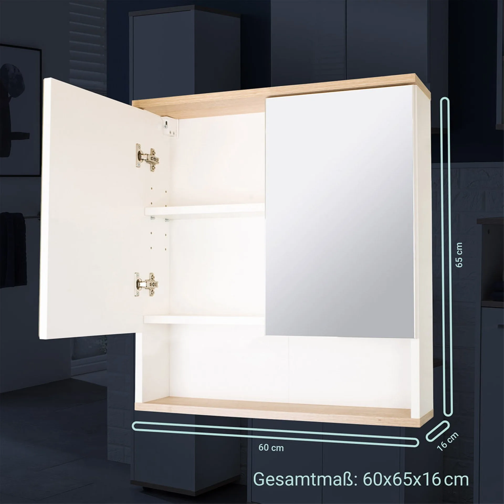 BADEDU ARC Spiegelschrank 60 cm breit, Weiß/Braun hell