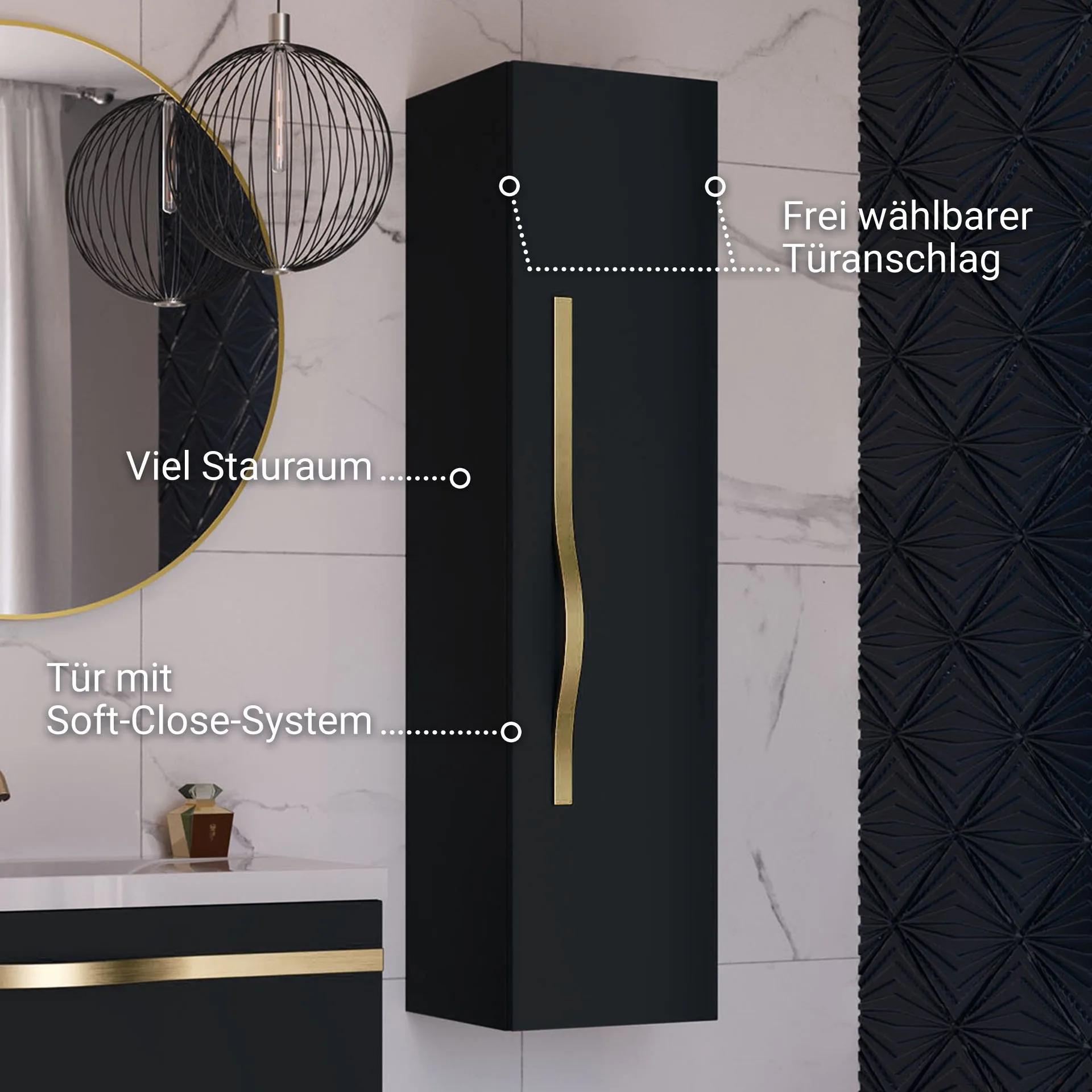 BADEDU FILS Hochschrank 33 cm breit, Schwarz, Griff Gold