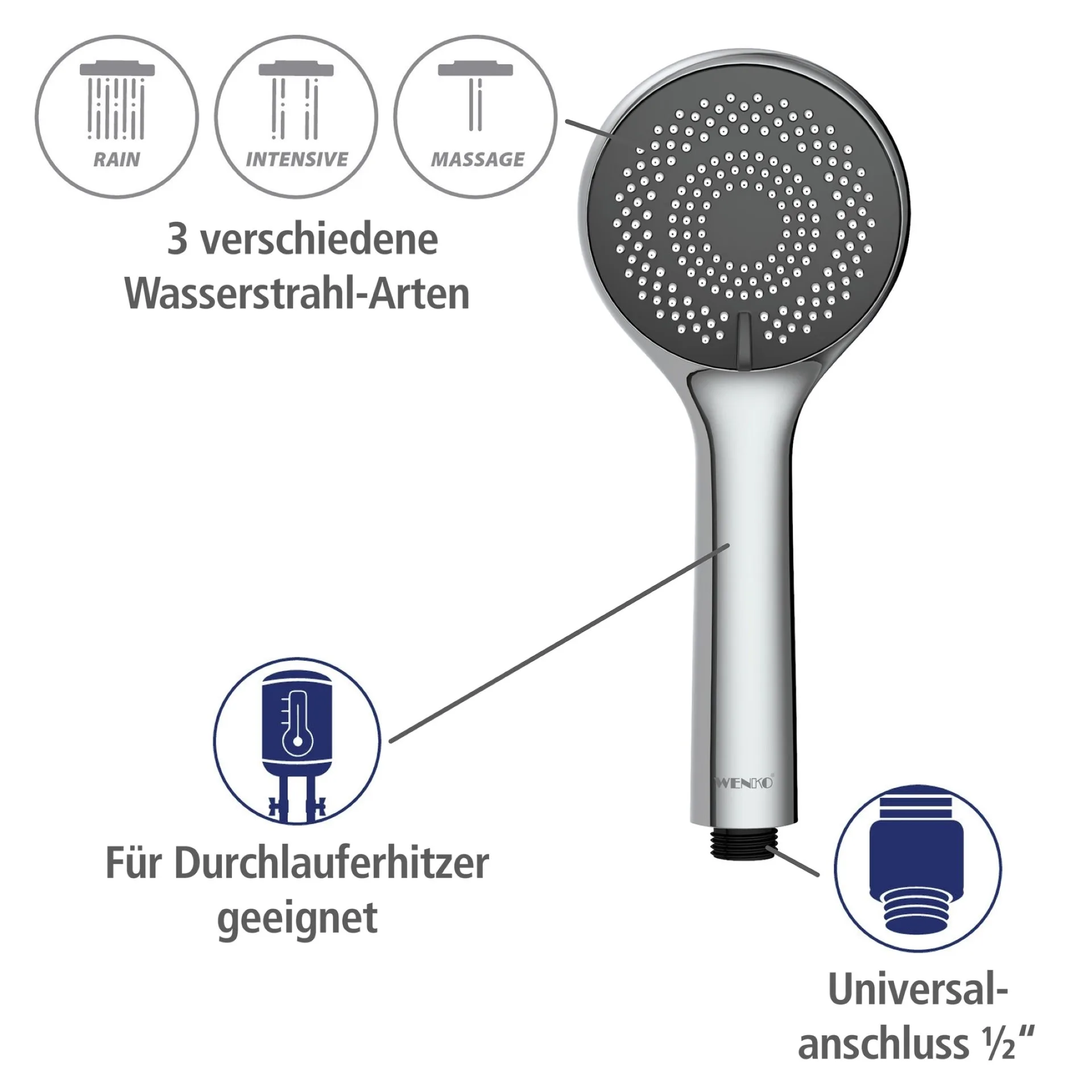 WENKO Duschkopf Ø 9,6 cm, Chrom, mit Wassersparsystem, 3 verschiedene Wasserstrahlarten