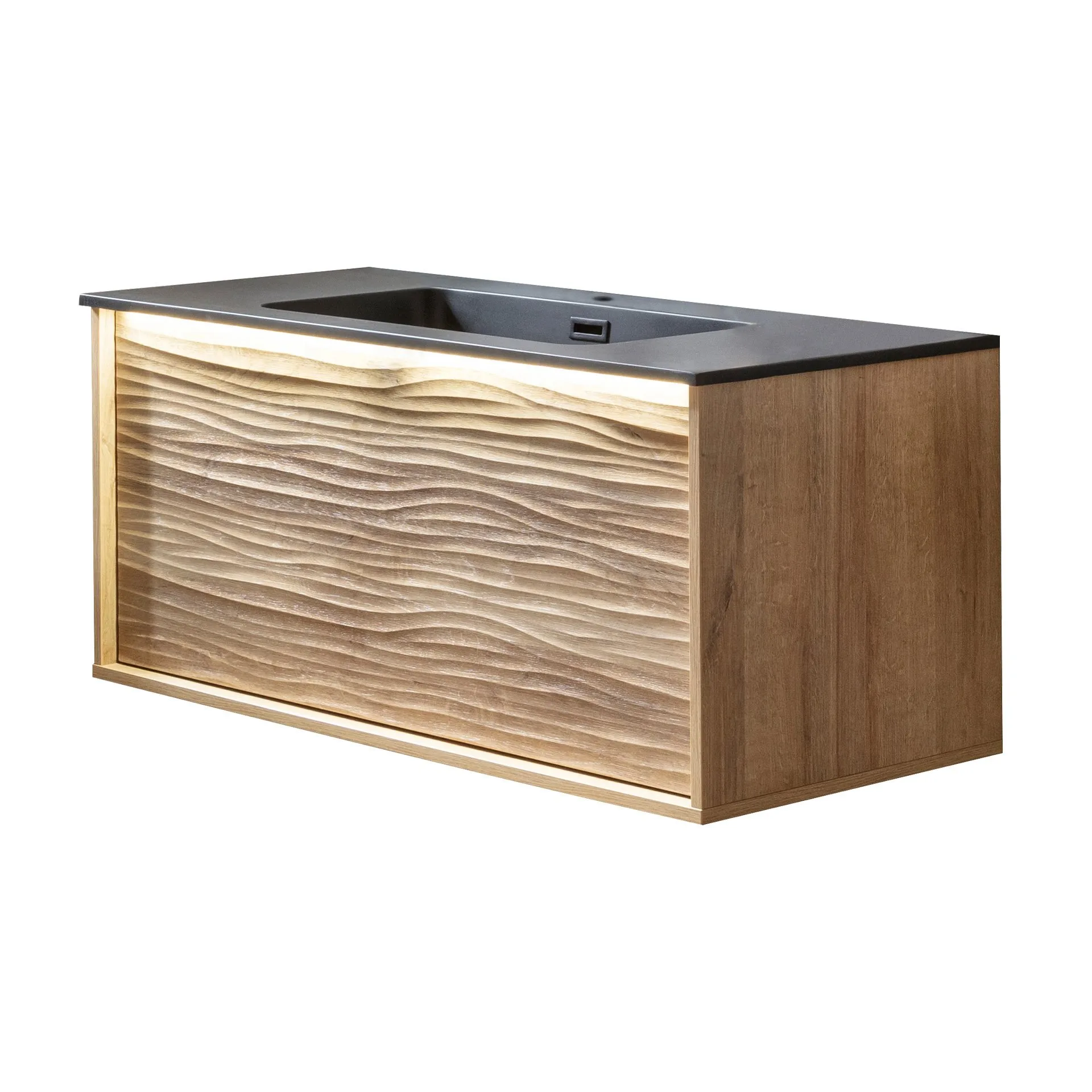 LANZET DUNE Waschbecken mit Unterschrank 101 cm breit, Braun hell, Waschbecken Gussmarmor Weiß, inkl. LED Beleuchtung
