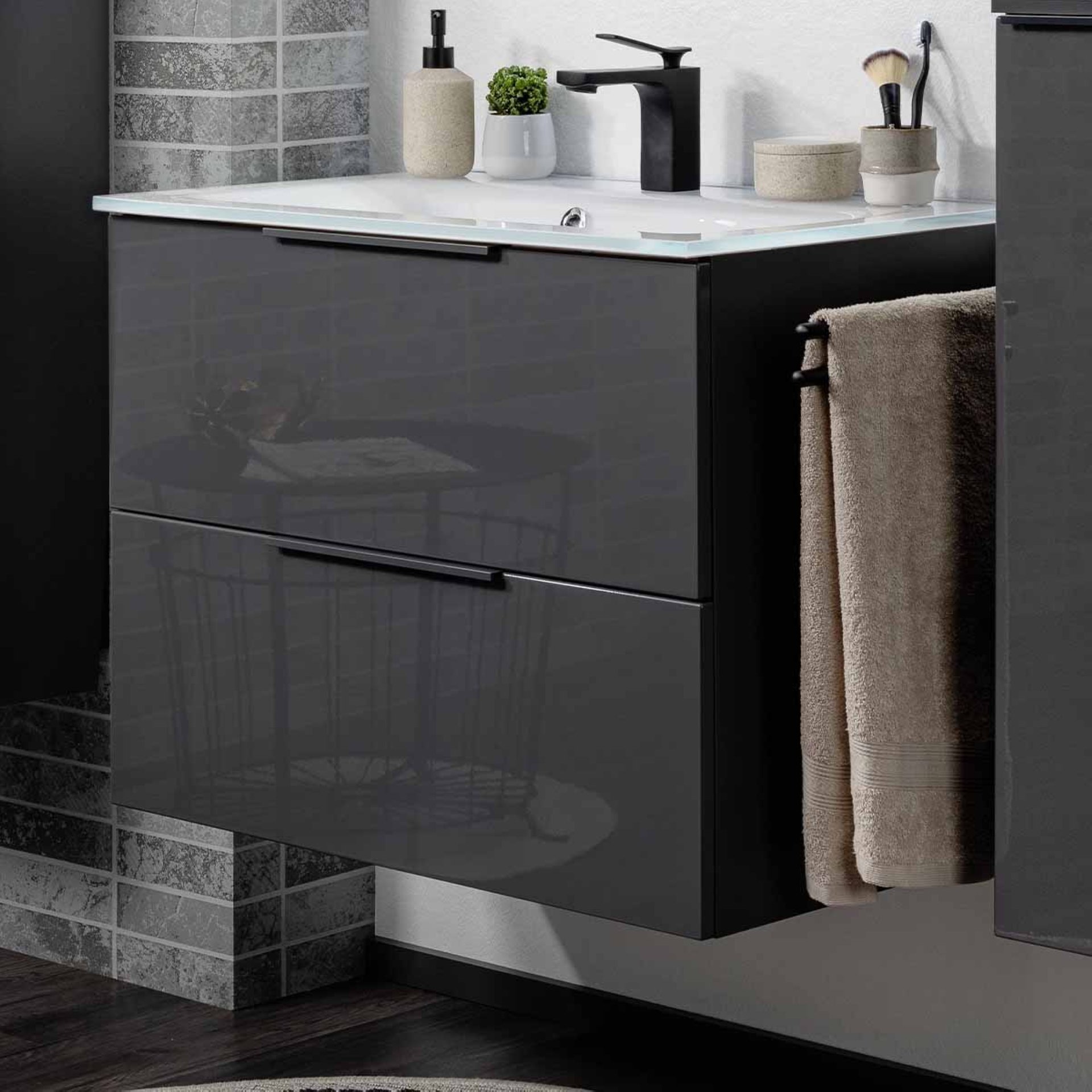 FACKELMANN LUNA Waschbecken mit Unterschrank 80 cm breit, Anthrazit, Waschbecken Glas Weiß