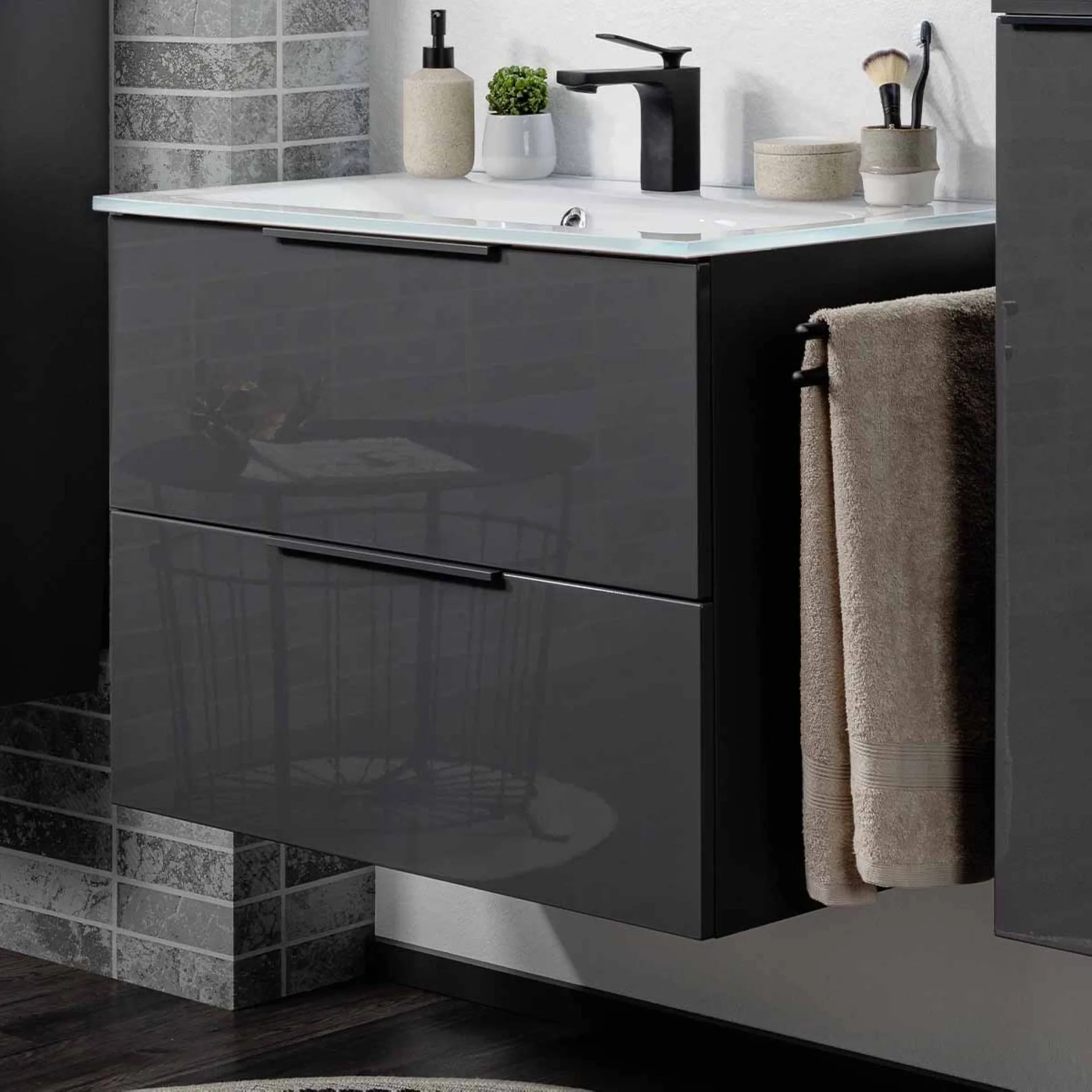 FACKELMANN LUNA Waschbecken mit Unterschrank 80 cm breit, Anthrazit, Waschbecken Glas Weiß