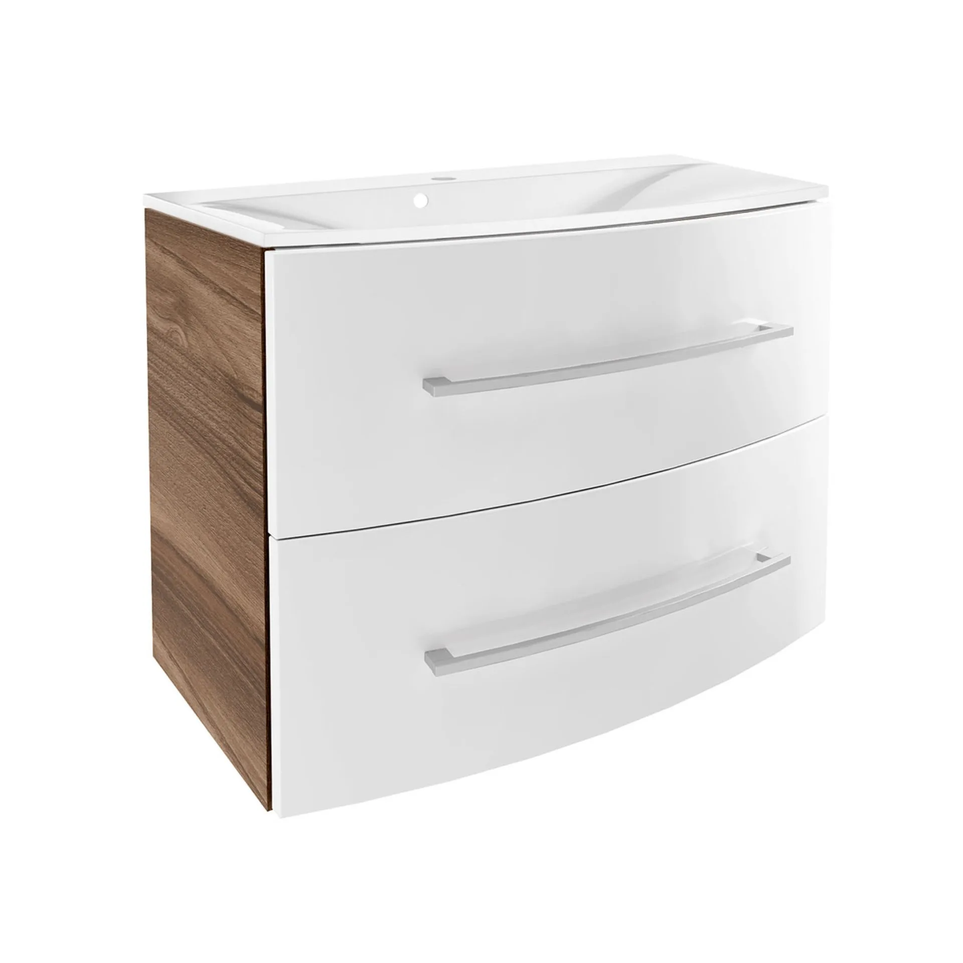 FACKELMANN VERONA Waschbecken mit Unterschrank 80 cm breit, Weiß/Braun Dunkel, Waschbecken Gussmarmor Weiß