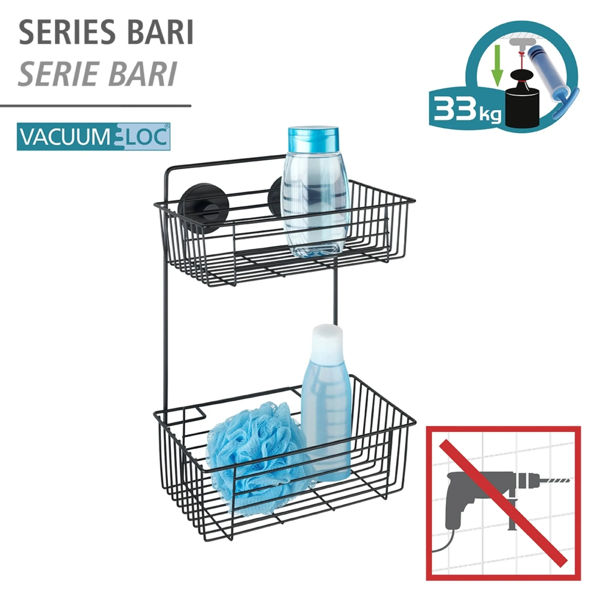 WENKO BARI Duschablage 26 cm breit, Schwarz matt, 2 Etagen, Befestigen ohne Bohren