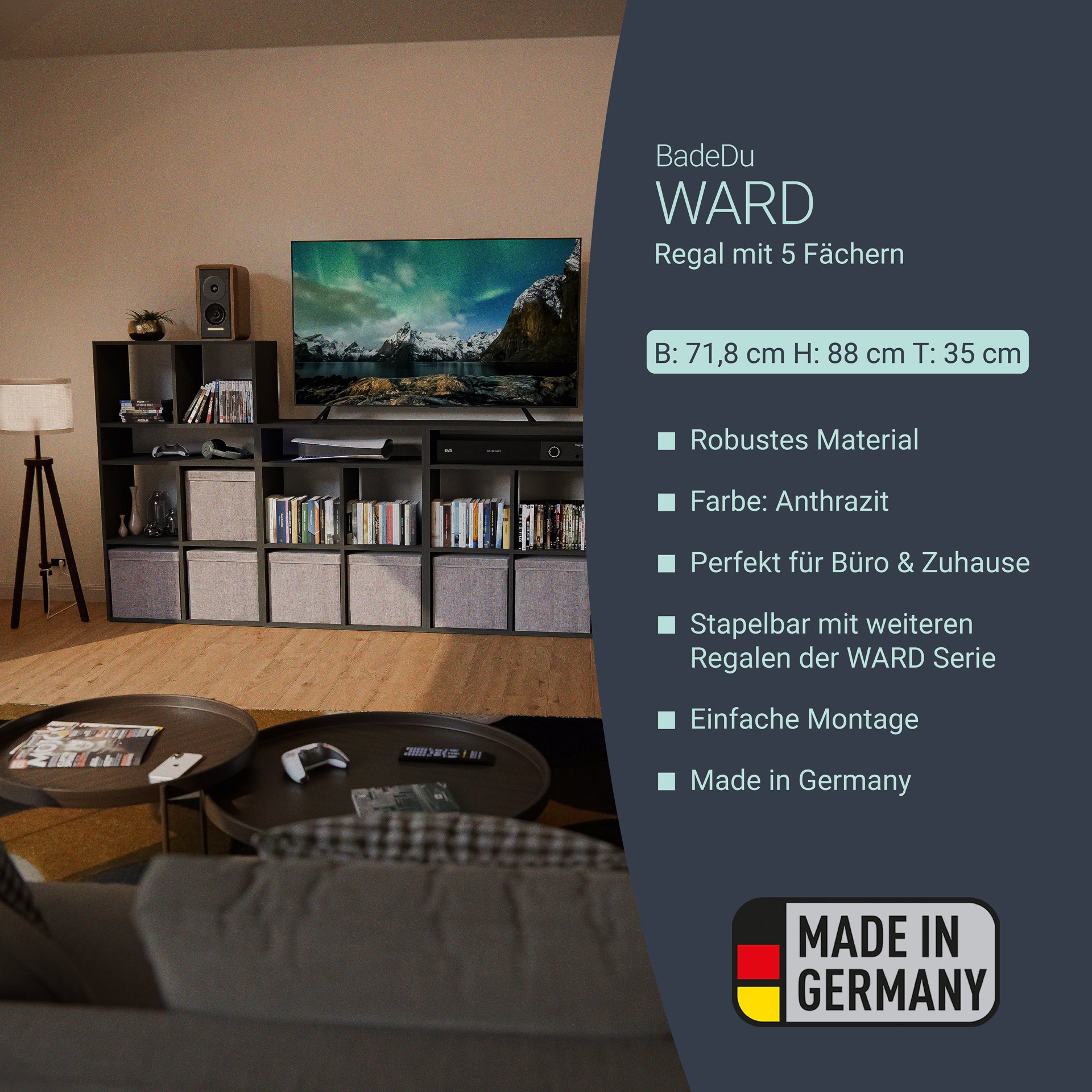 BADEDU WARD Regal 72 cm breit, Anthrazit, 5 Fächer