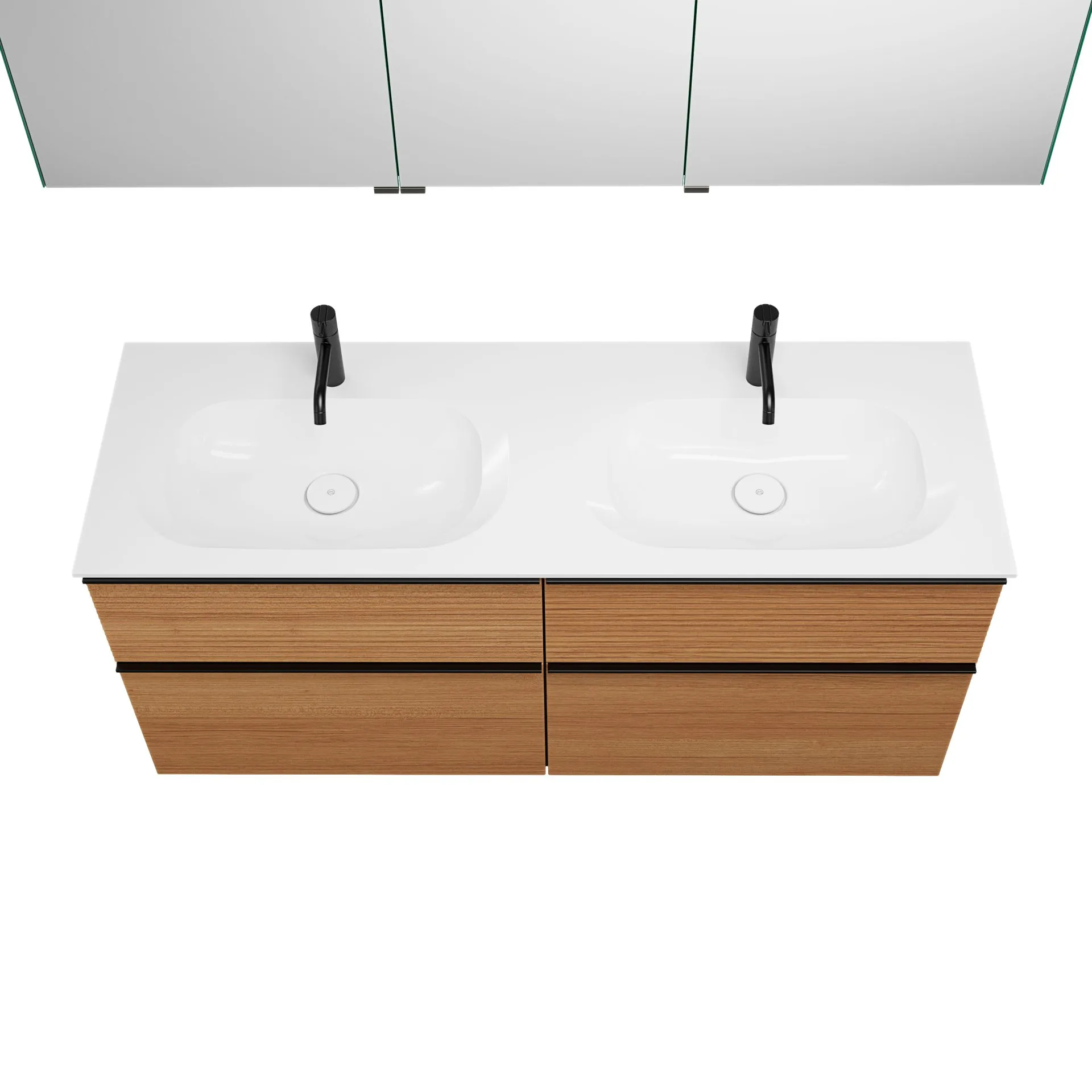 Burgbad FIUMO Waschtisch Set mit Spiegelschrank 142 cm breit, Braun, Doppelwaschbecken Gussmarmor Weiß, 4 Schubladen, Anschlag rechts