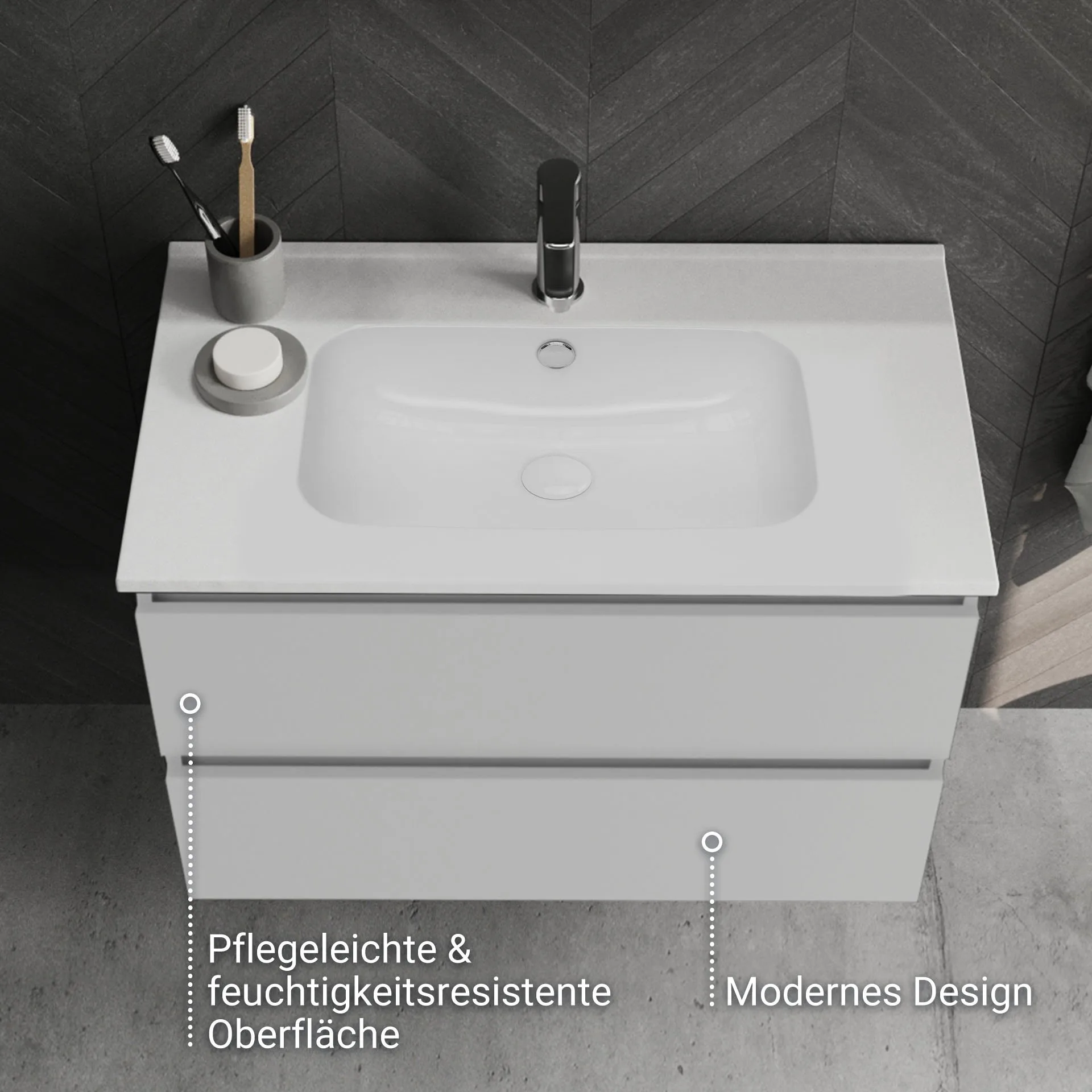 BADEDU GERS Waschbecken mit Unterschrank 80 cm breit, Weiß, Waschbecken Keramik Weiß