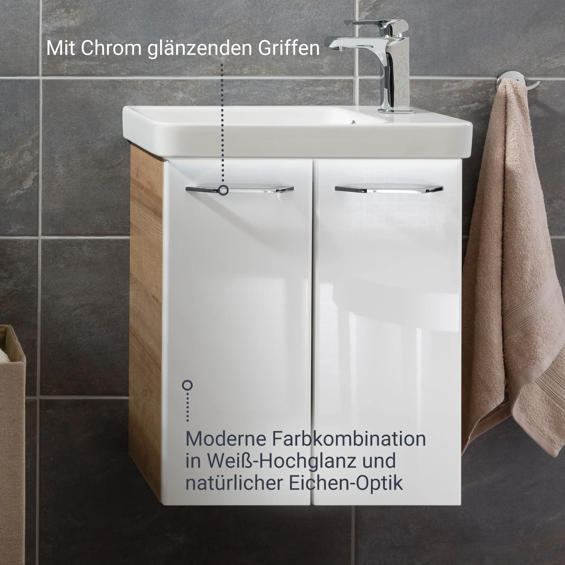 FACKELMANN MILANO Waschbeckenunterschrank Gäste WC 52 cm breit, Weiß/Braun hell