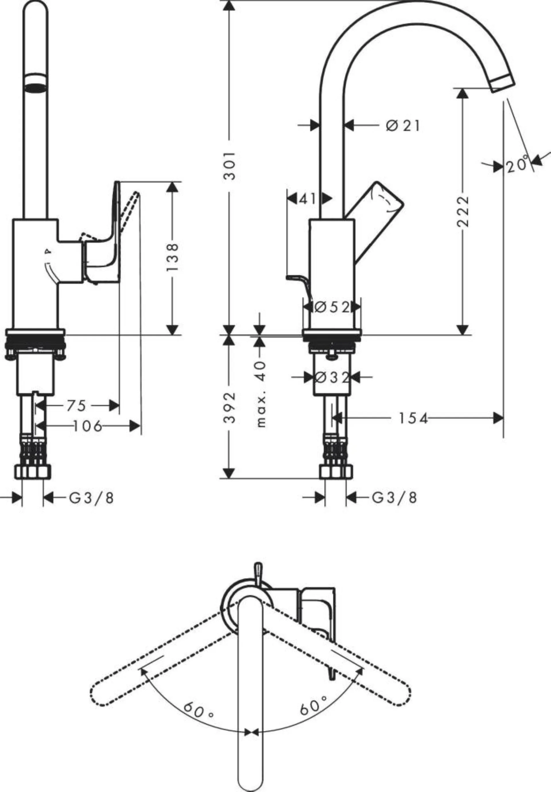 HANSGROHE REBRIS E 210 Waschtischarmatur, Chrom, mit Zugstangen-Ablaufgarnitur, schwenkbar