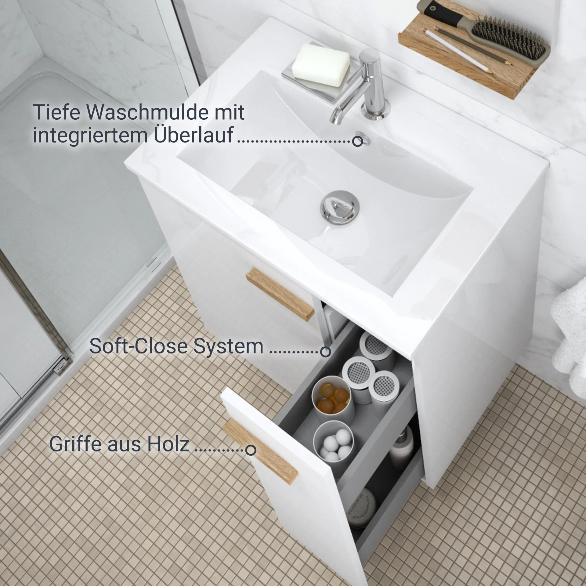 BADEDU HIERA Waschbecken mit Unterschrank 60 cm breit, Weiß, Waschbecken Keramik Weiß
