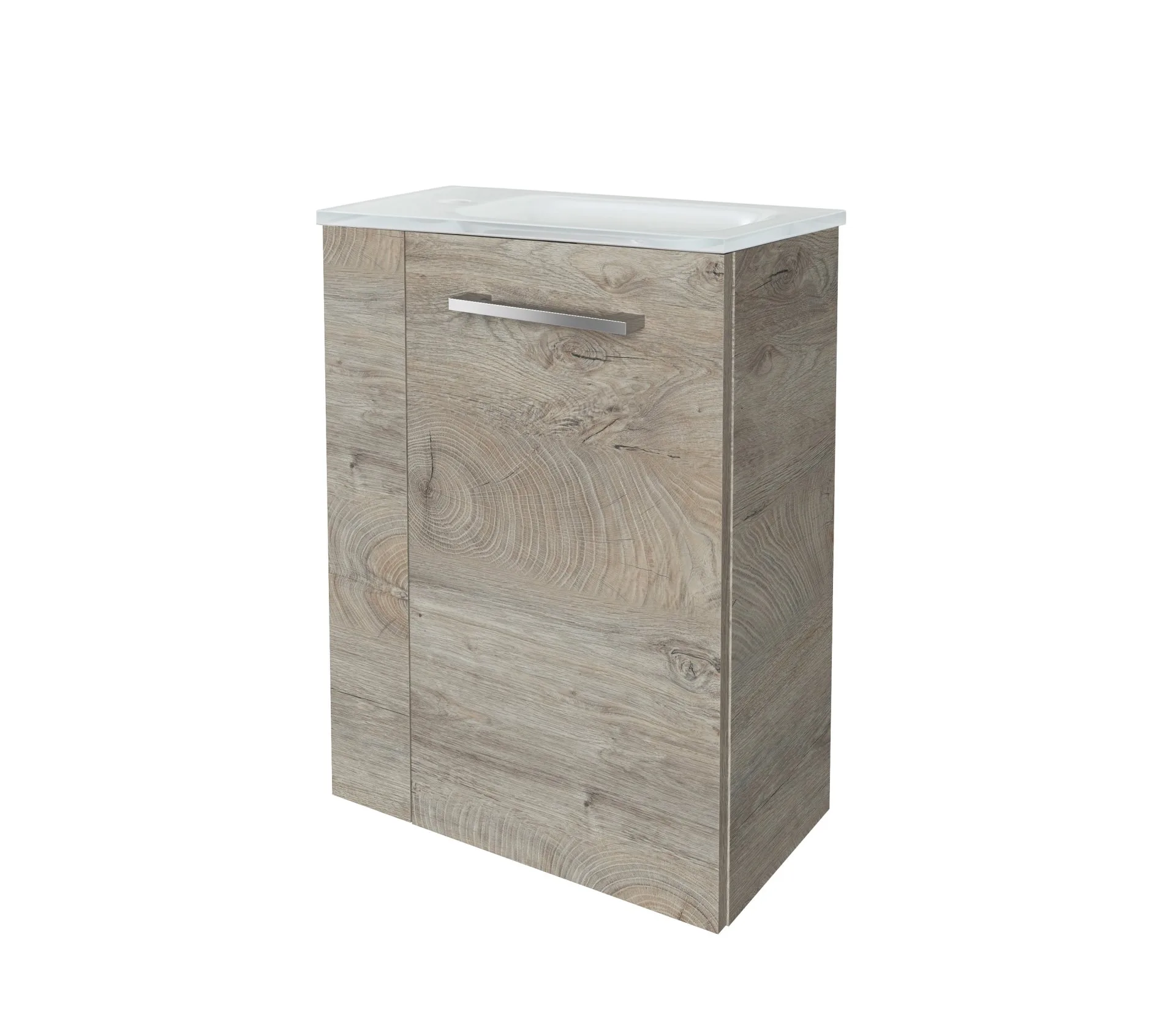 FACKELMANN SBC STANFORD Gäste WC Waschtisch Set 45 cm breit, Braun hell, Waschbecken Glas Weiß, Türanschlag rechts