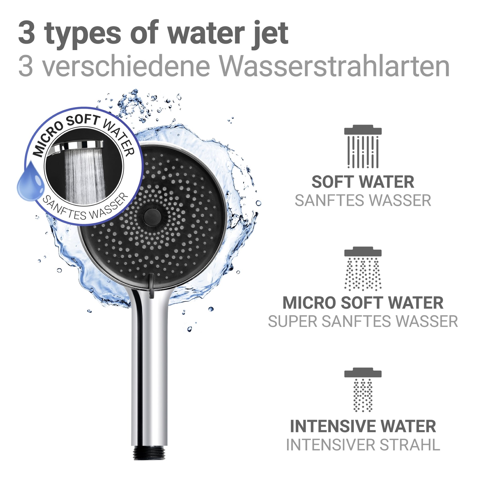 WENKO Duschkopf Ø 12 cm, Chrom/Schwarz, mit Wassersparsystem, 3 verschiedene Wasserstrahlarten