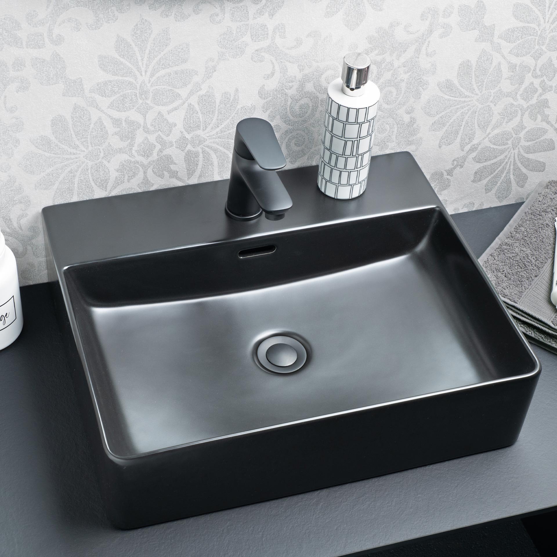 FACKELMANN VAIDA Aufsatzwaschbecken 50 cm breit, Schwarz matt, Keramik