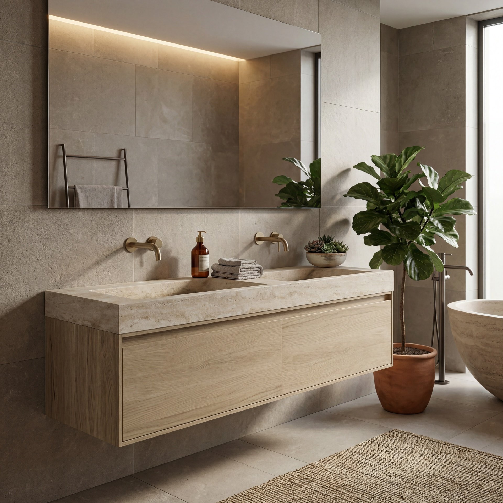 FORZALAQUA IBIZA BELLEZZA Waschbecken mit Unterschrank 160 cm breit, Braun hell, Doppelwaschbecken Naturstein Travertin matt mit zwei Hahnlöchern, 2 Schubladen