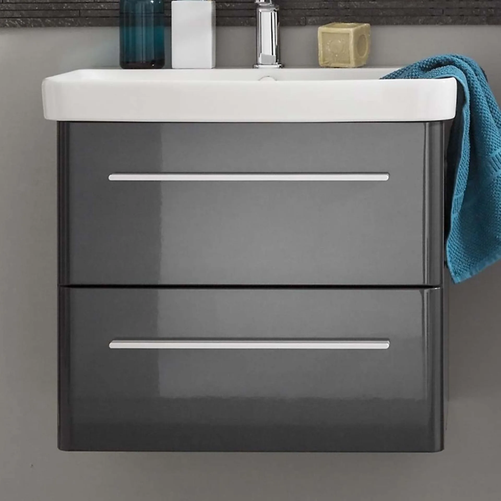 LANZET K8 Waschbecken mit Unterschrank 60 cm breit, Anthrazit, Waschbecken Keramik Weiß