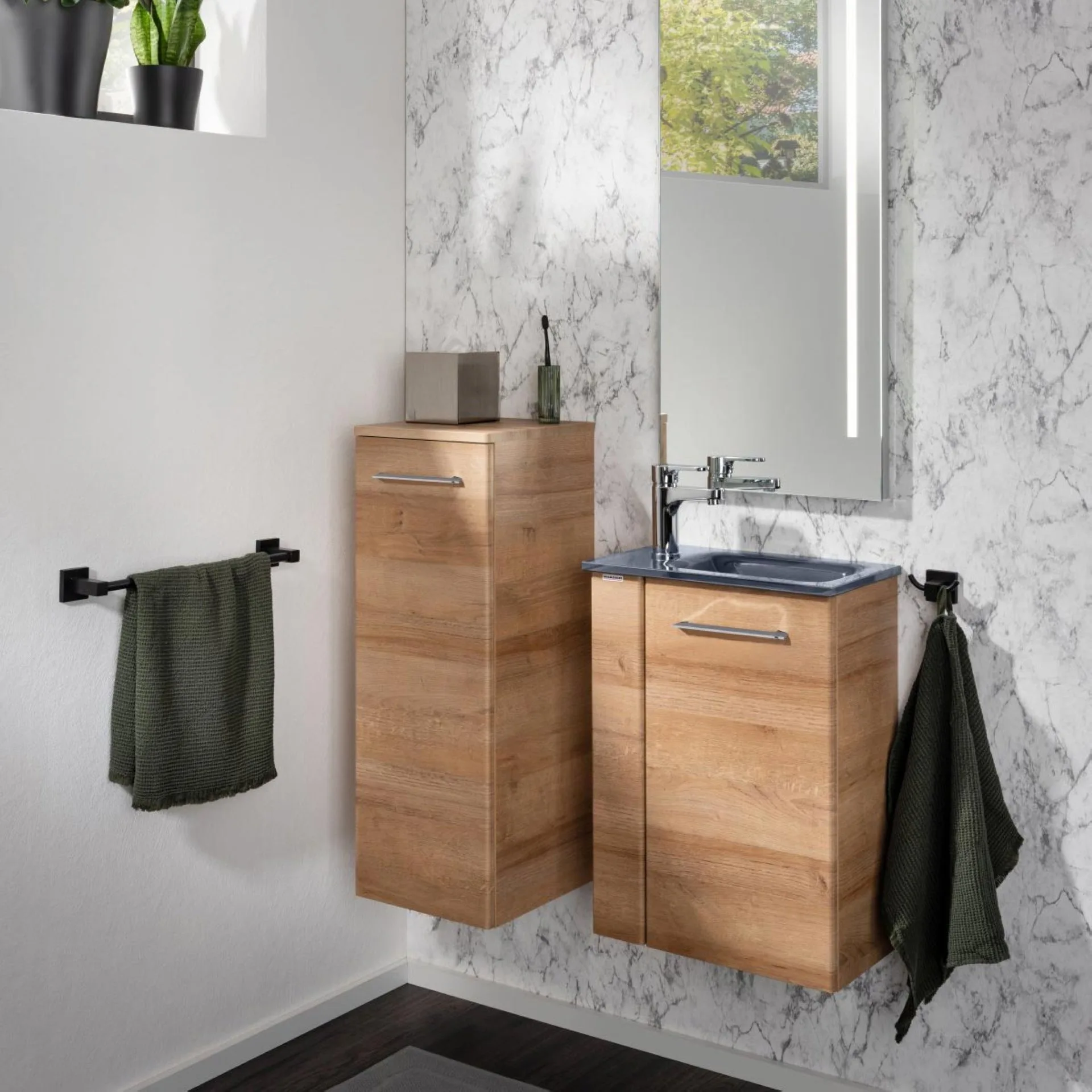 FACKELMANN SBC MILANO Waschbeckenunterschrank Gäste WC 45 cm breit, Braun hell, Türanschlag rechts