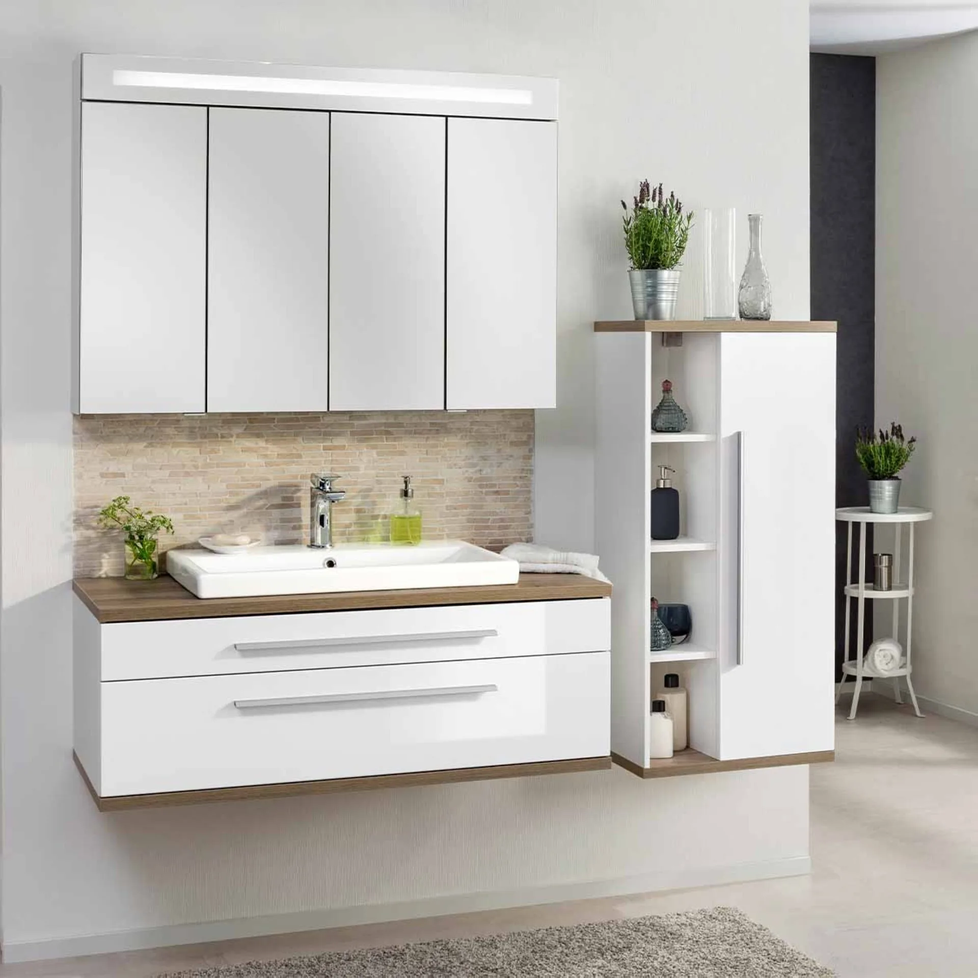 FACKELMANN STANFORD Waschbeckenunterschrank 110 cm breit, Weiß/Braun hell, mit Beckenausschnitt
