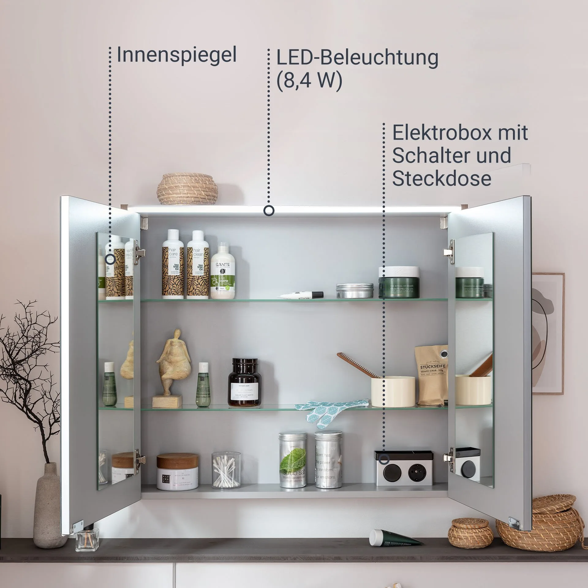FACKELMANN VERONA LED Spiegelschrank 80 cm breit, Braun Dunkel