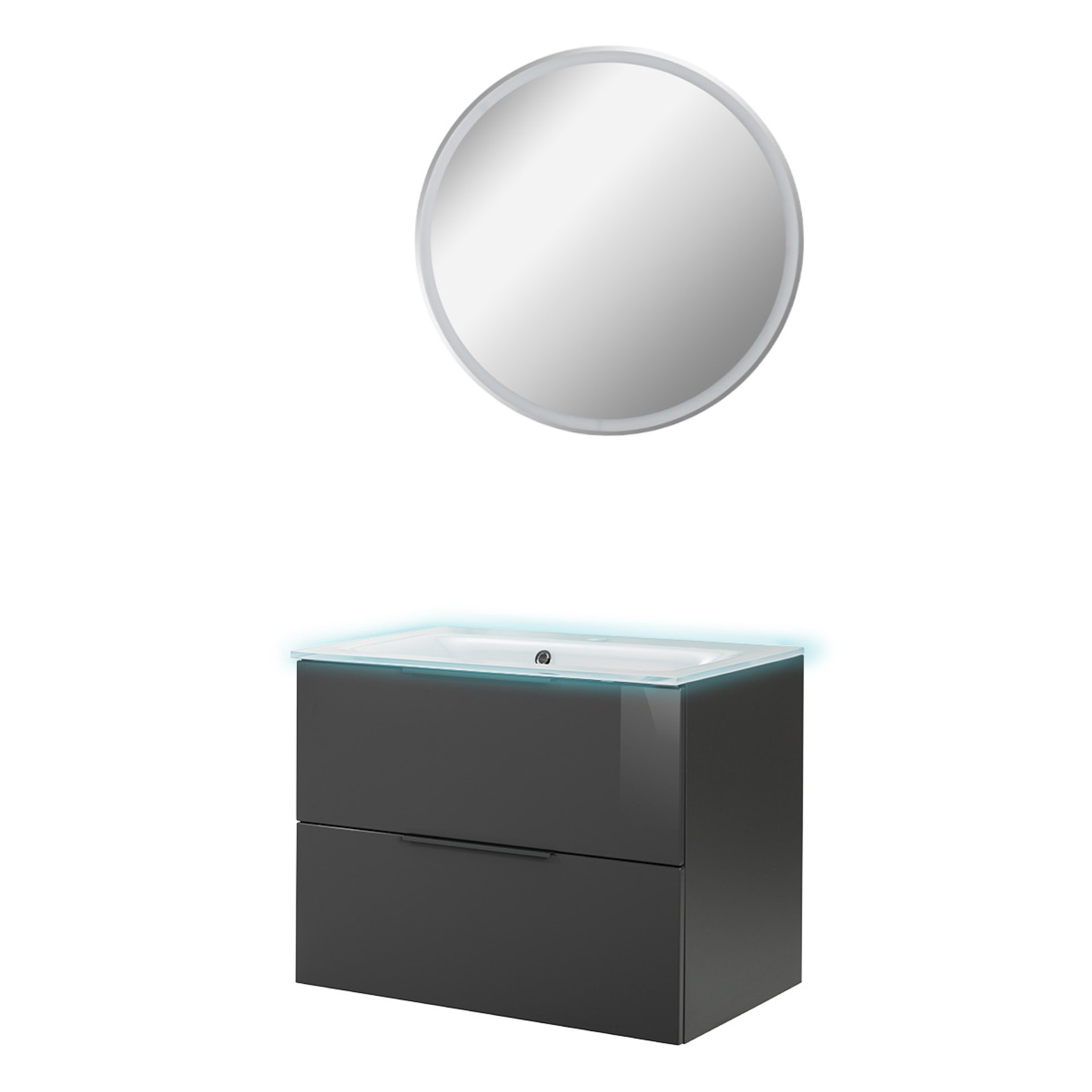 Fackelmann LUNA Badmöbel Set 4-teilig, 80 cm breit, Anthrazit, Glas Weiß+Beleuchtung+Spiegel