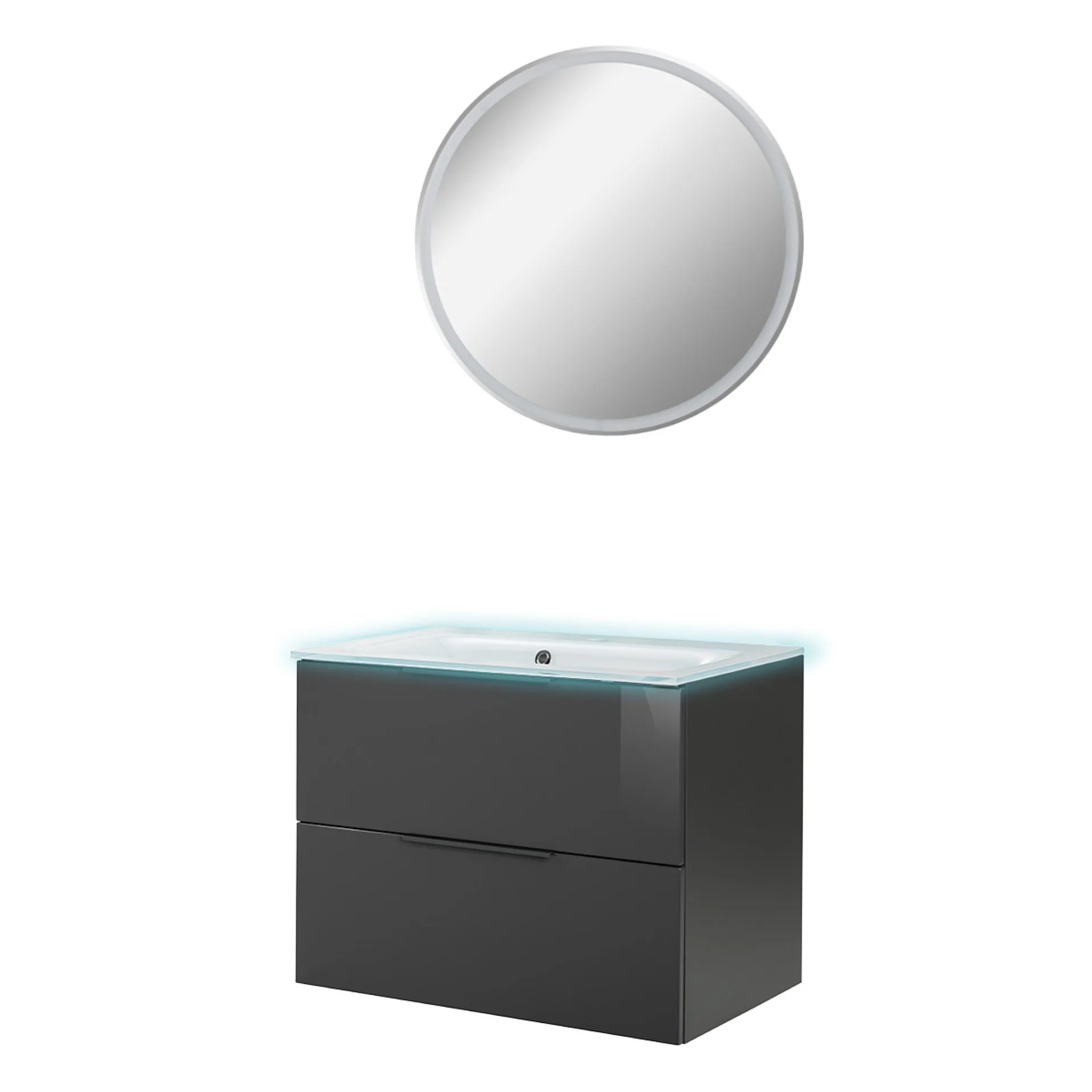 FACKELMANN LUNA Waschtisch Set mit Spiegel 80 cm breit, Anthrazit, Waschbecken Glas Weiß + Waschbeckenbeleuchtung