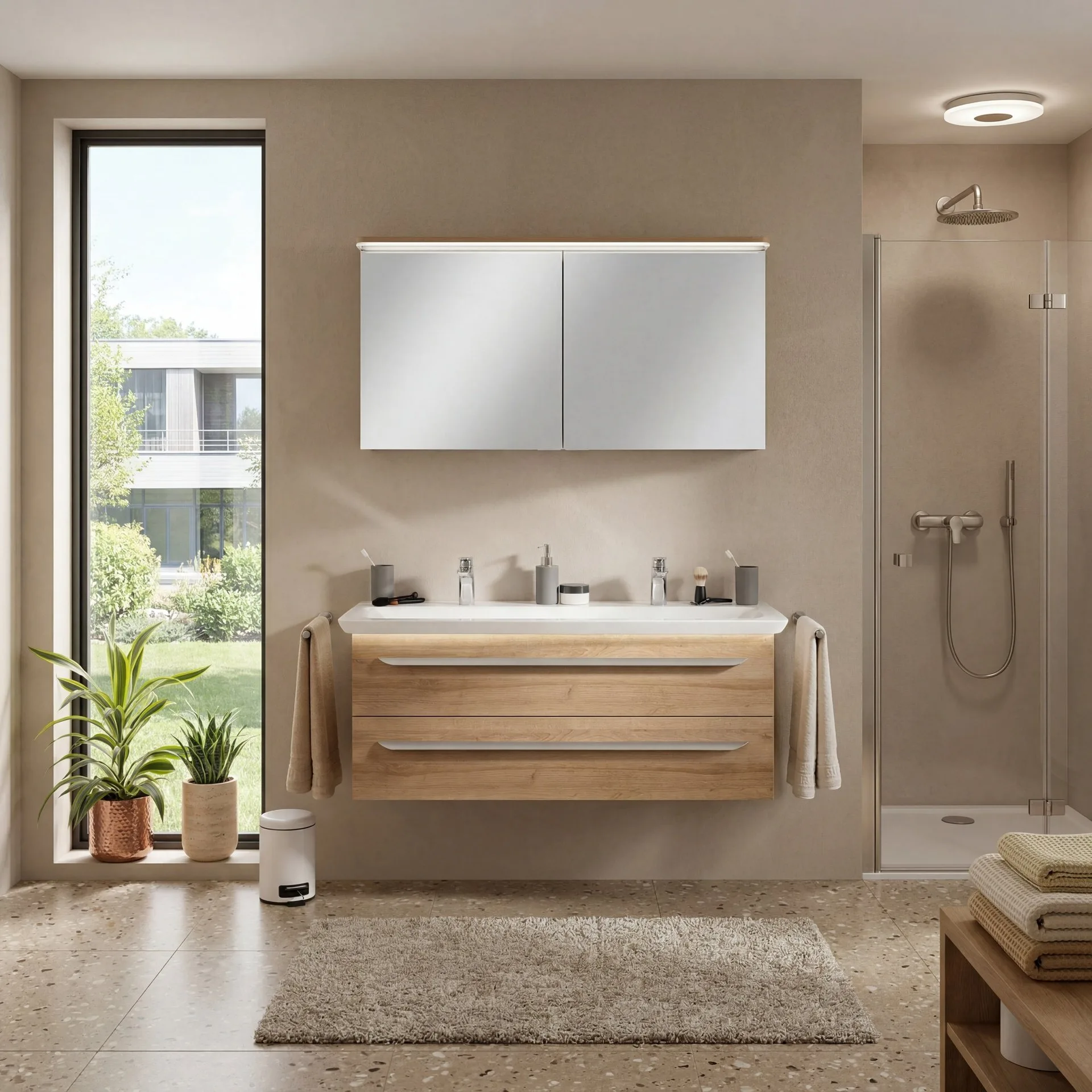LANZET M9 Waschbecken mit Unterschrank 130 cm breit, Braun hell, Doppelwaschbecken Gussmarmor Weiß + Waschbeckenbeleuchtung
