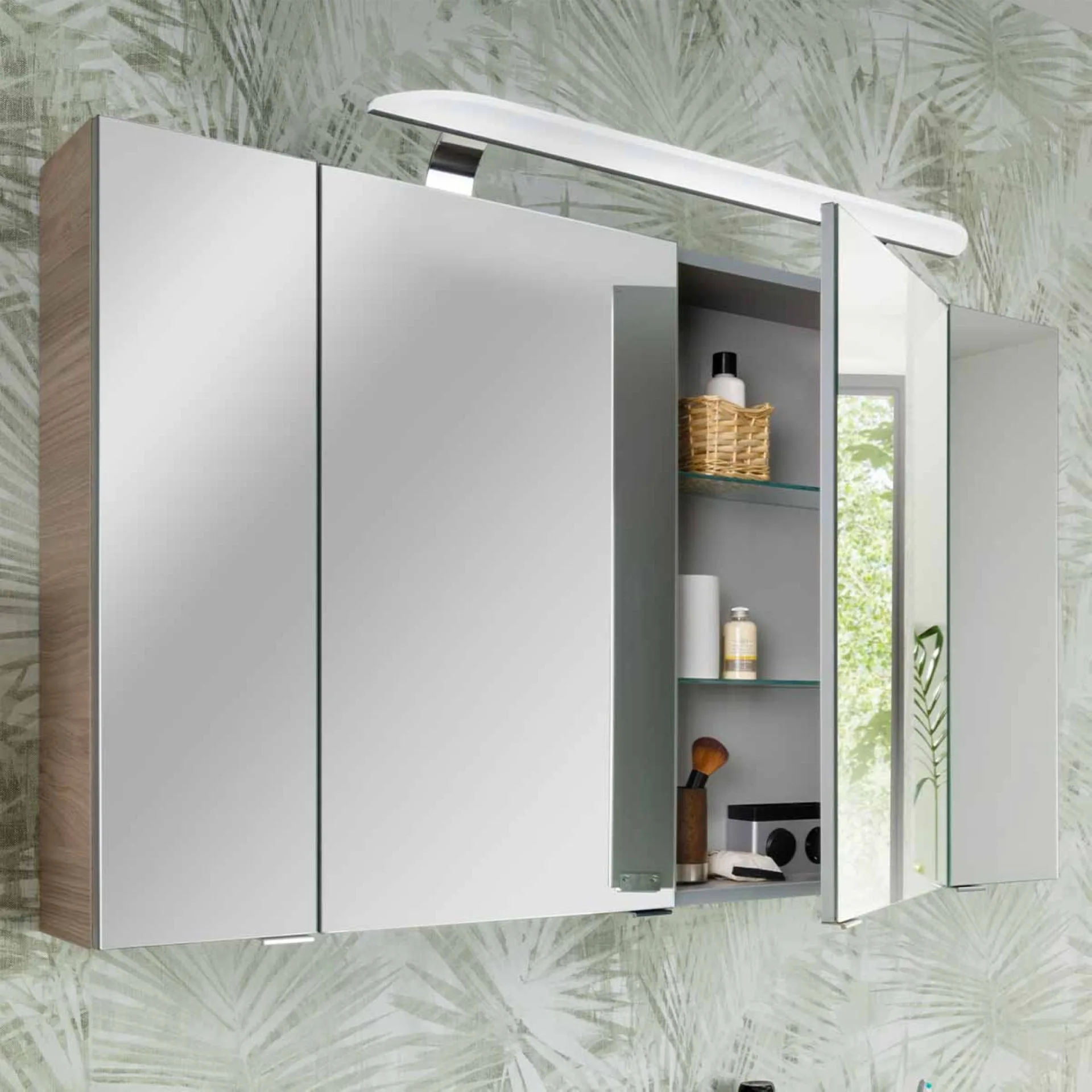 FACKELMANN LUXOR Badmöbel Set 7-teilig 120 cm breit, Braun hell, Waschbecken Gussmarmor Weiß + LED Spiegelschrank + Hängeschränke + Unterschränke mit Spiegelfläche