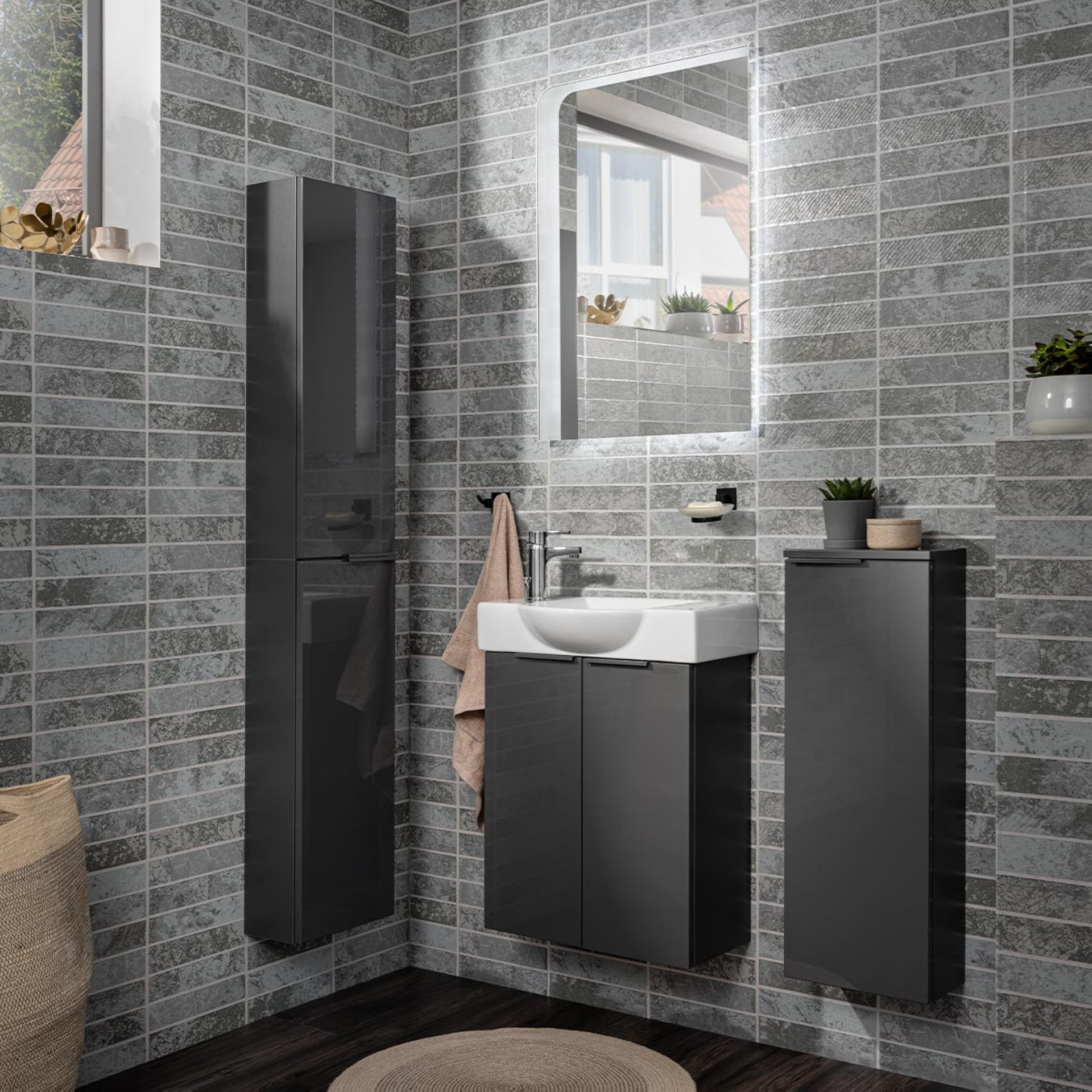 FACKELMANN SBC LUNA Gäste WC Waschtisch Set 55 cm breit, Anthrazit, Waschbecken Keramik Weiß, Hahnloch links