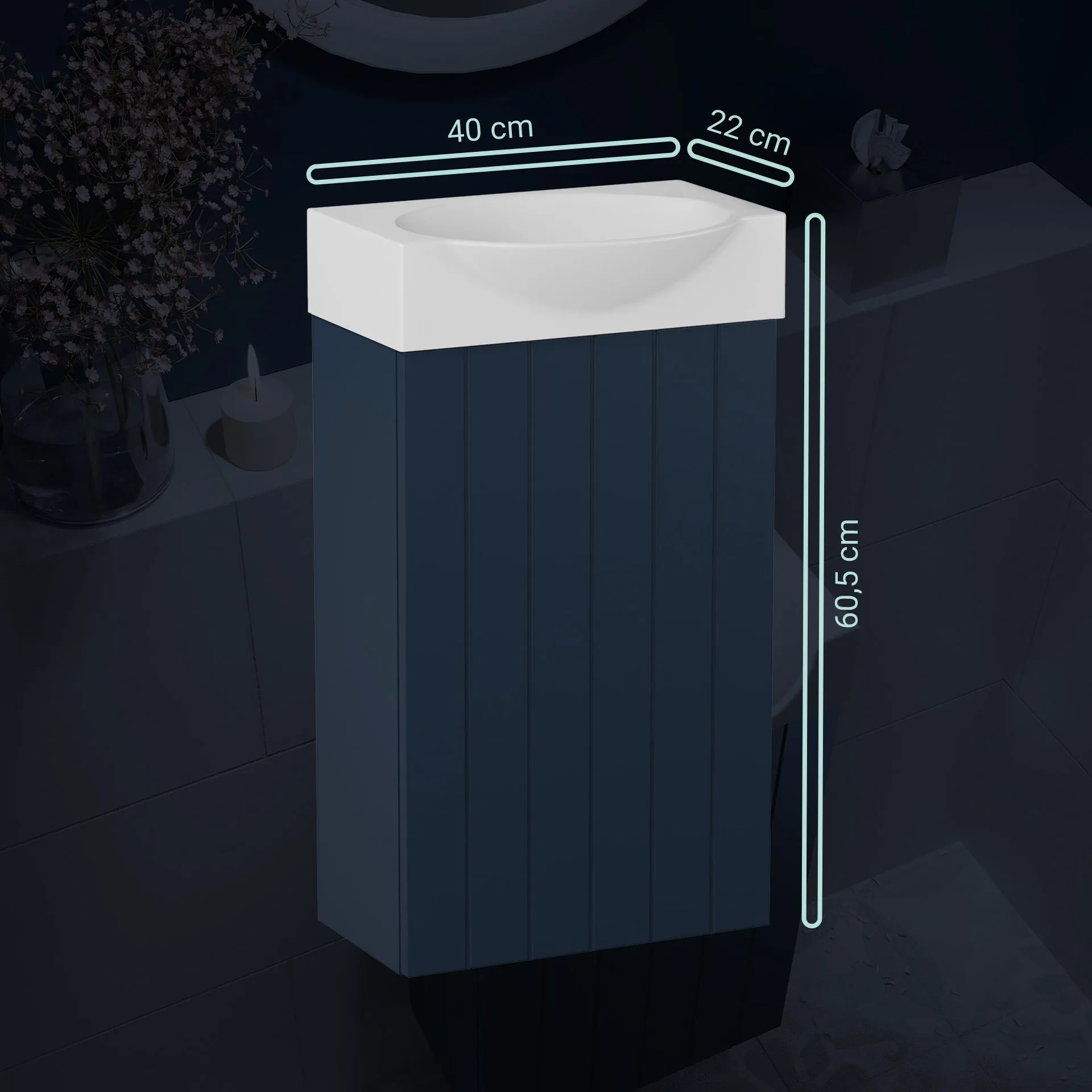 BADEDU IMPERO Gäste WC Waschtisch Set  40 cm breit, Blau, Waschbecken Keramik Weiß