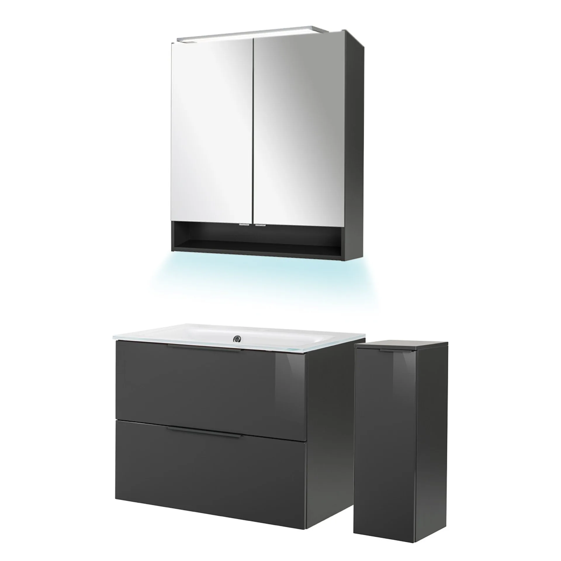 FACKELMANN LUNA Badmöbel Set 5-teilig 80 cm breit, Anthrazit, Waschbecken Glas Weiß + Midischrank + Ambientebeleuchtung