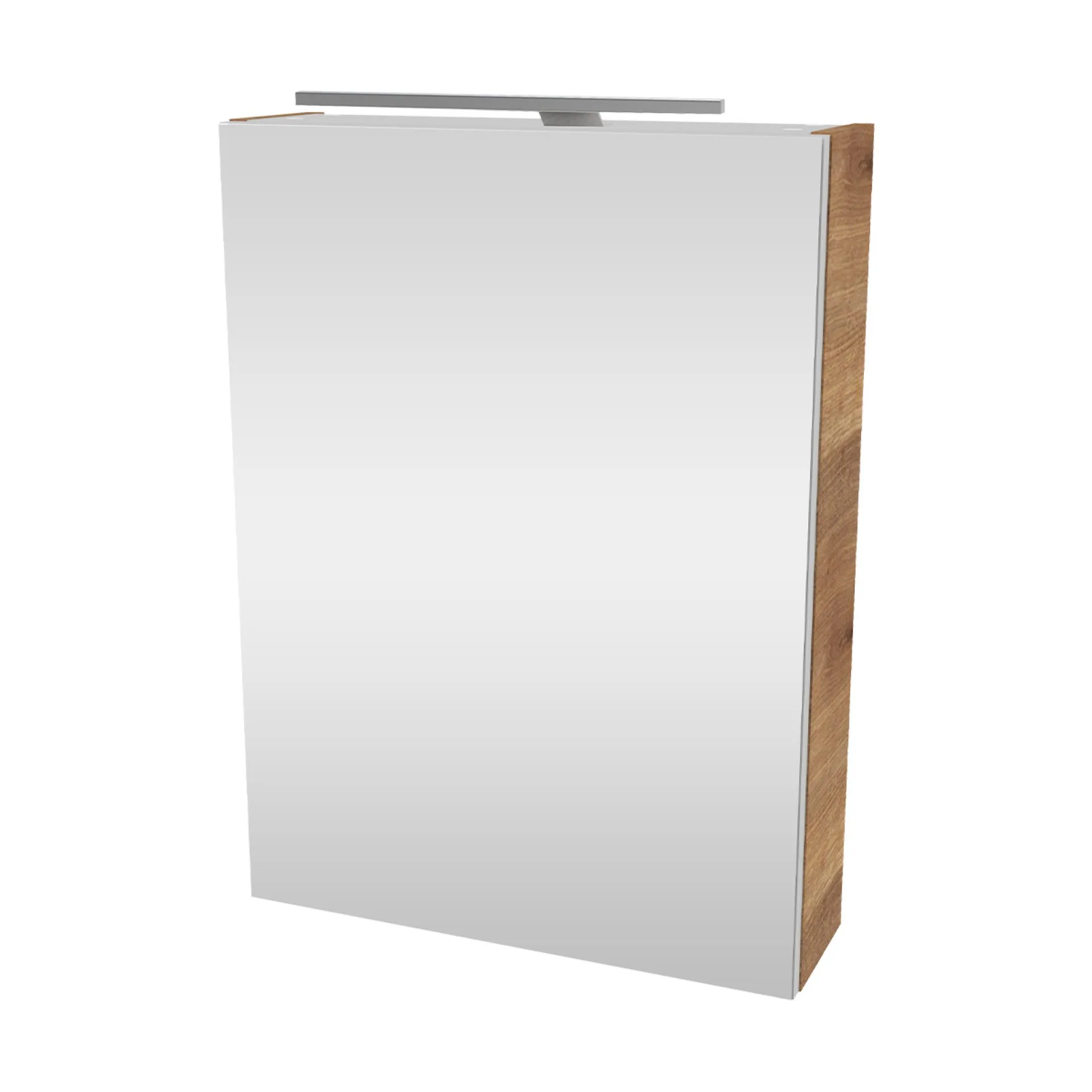 FACKELMANN SBC MILANO Gäste WC Spiegelschrank 50 cm breit, Braun hell, Türanschlag rechts + Aufsatzleuchte