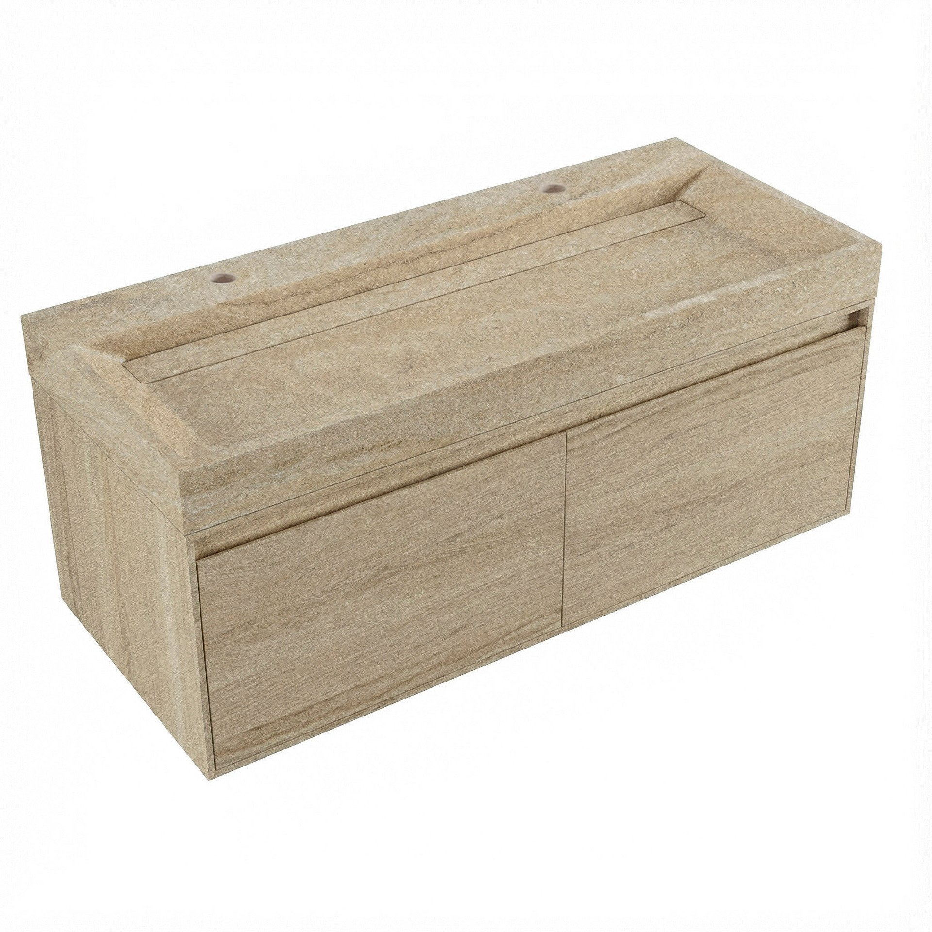 FORZALAQUA IBIZA BELLEZZA Waschbecken mit Unterschrank 120 cm breit , Braun hell, Natursteinwaschbecken Travertin matt mit zwei Hahnlöchern, 2 Schubladen
