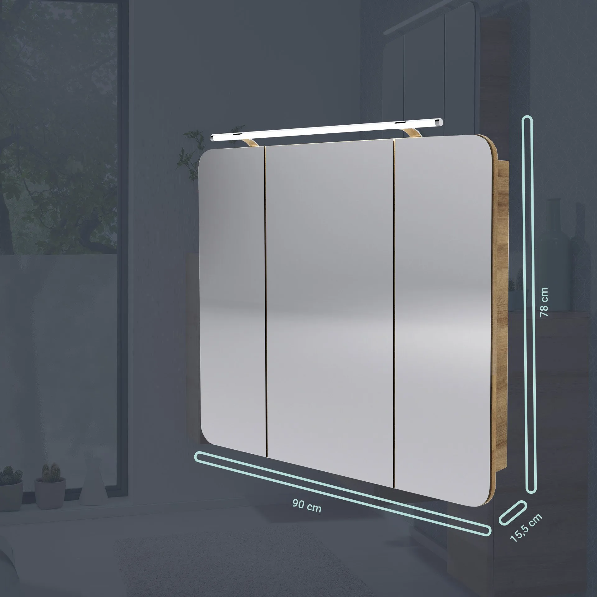 FACKELMANN MILANO Badmöbel Set 4-teilig 88 cm breit, Braun hell, Waschbecken Keramik Weiß + LED Spiegelschrank + Hochschrank